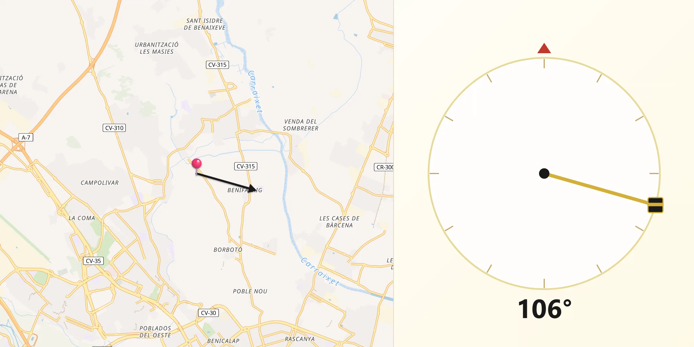 Dirección de la Qibla desde Rocafort