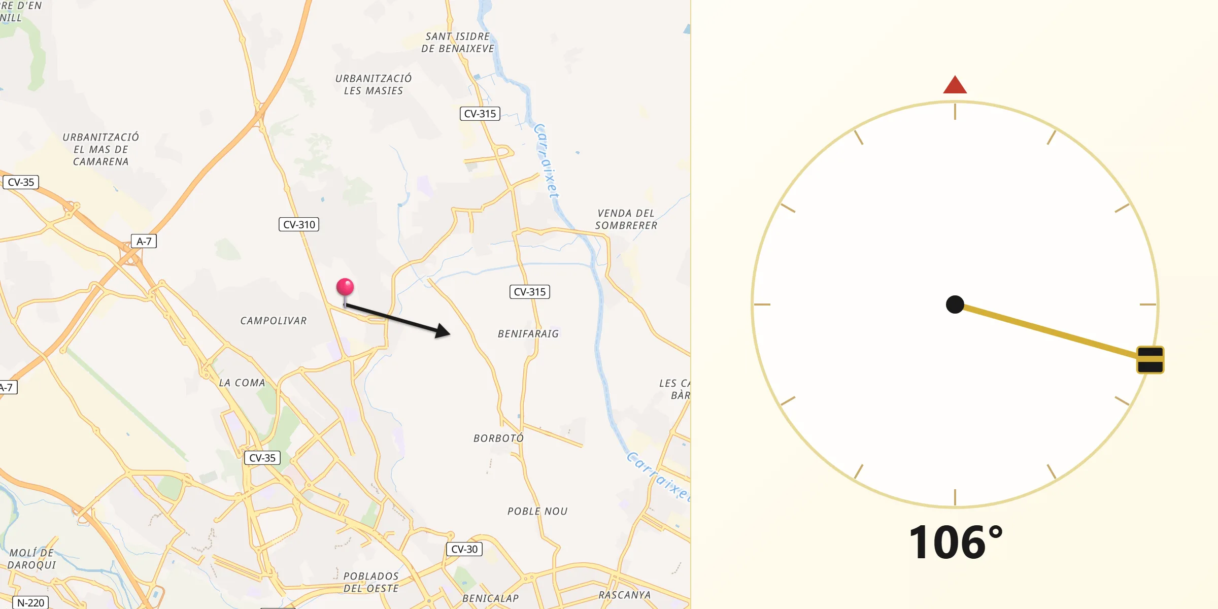 Dirección de la Qibla desde Godella