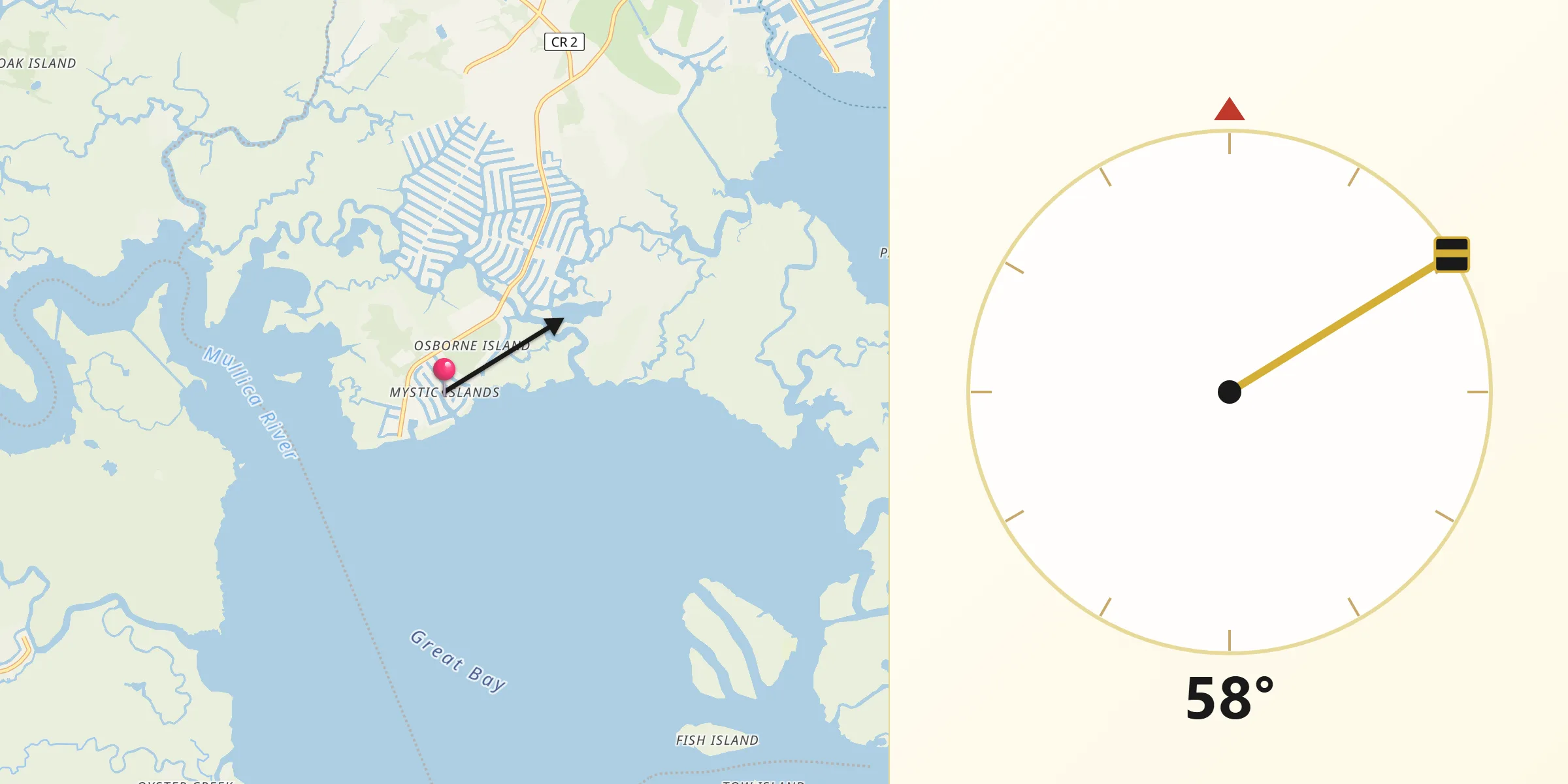 Qibla Direction from Mystic Island