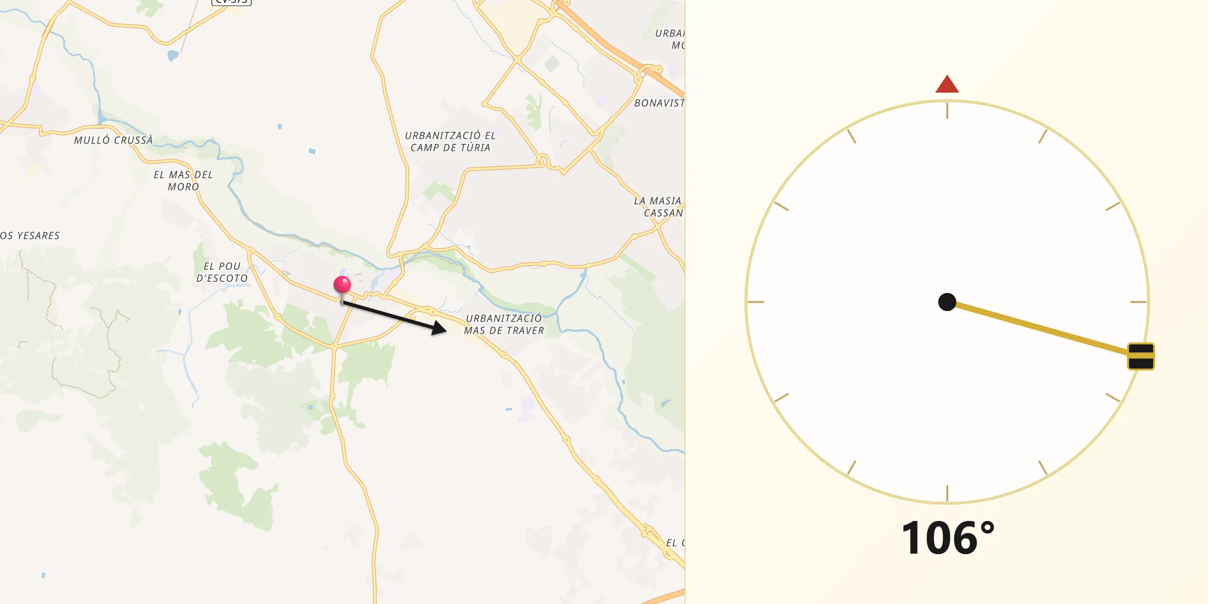 Dirección de la Qibla desde Riba-roja de Túria