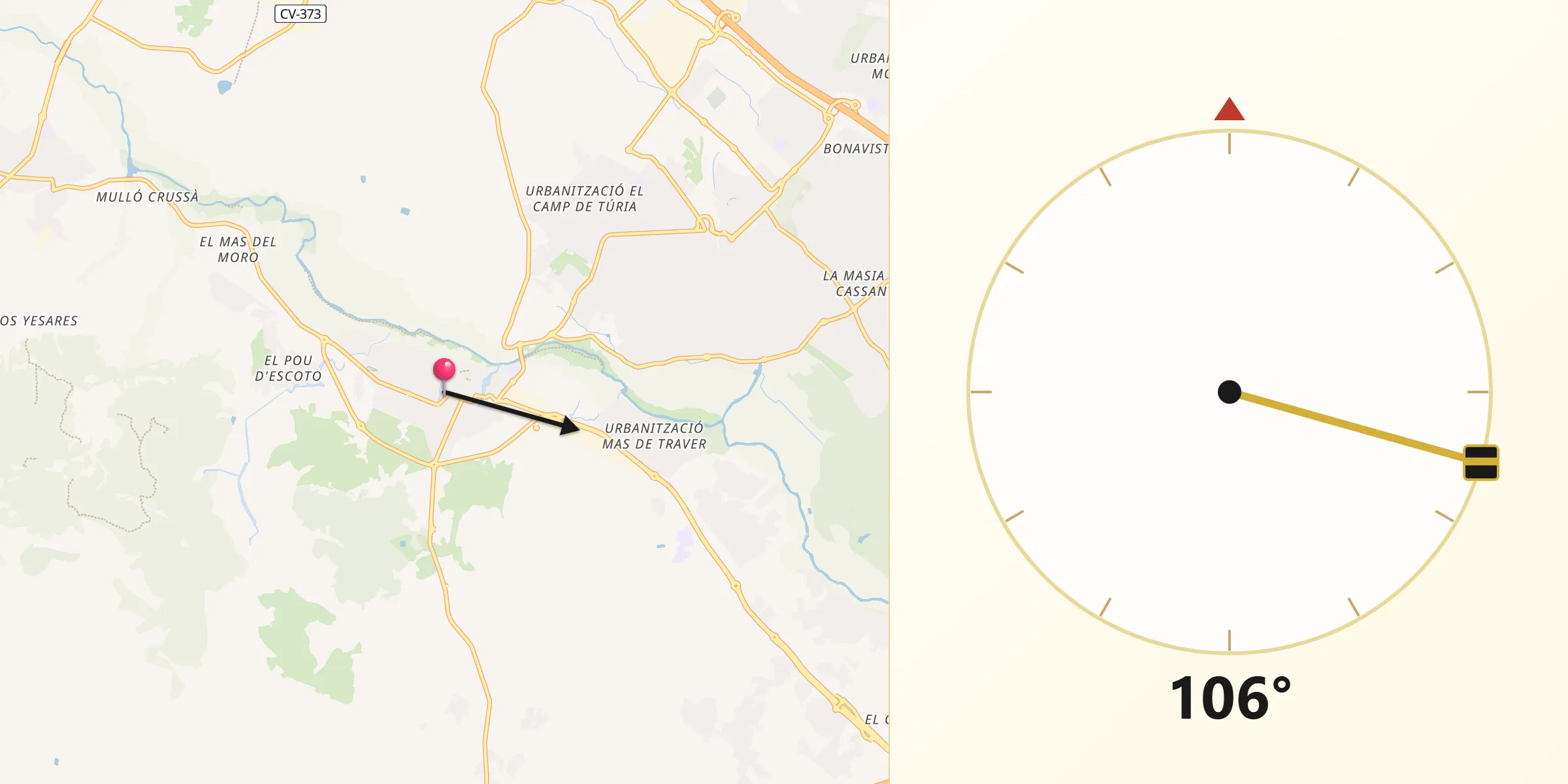 Dirección de la Qibla desde Ribarroja