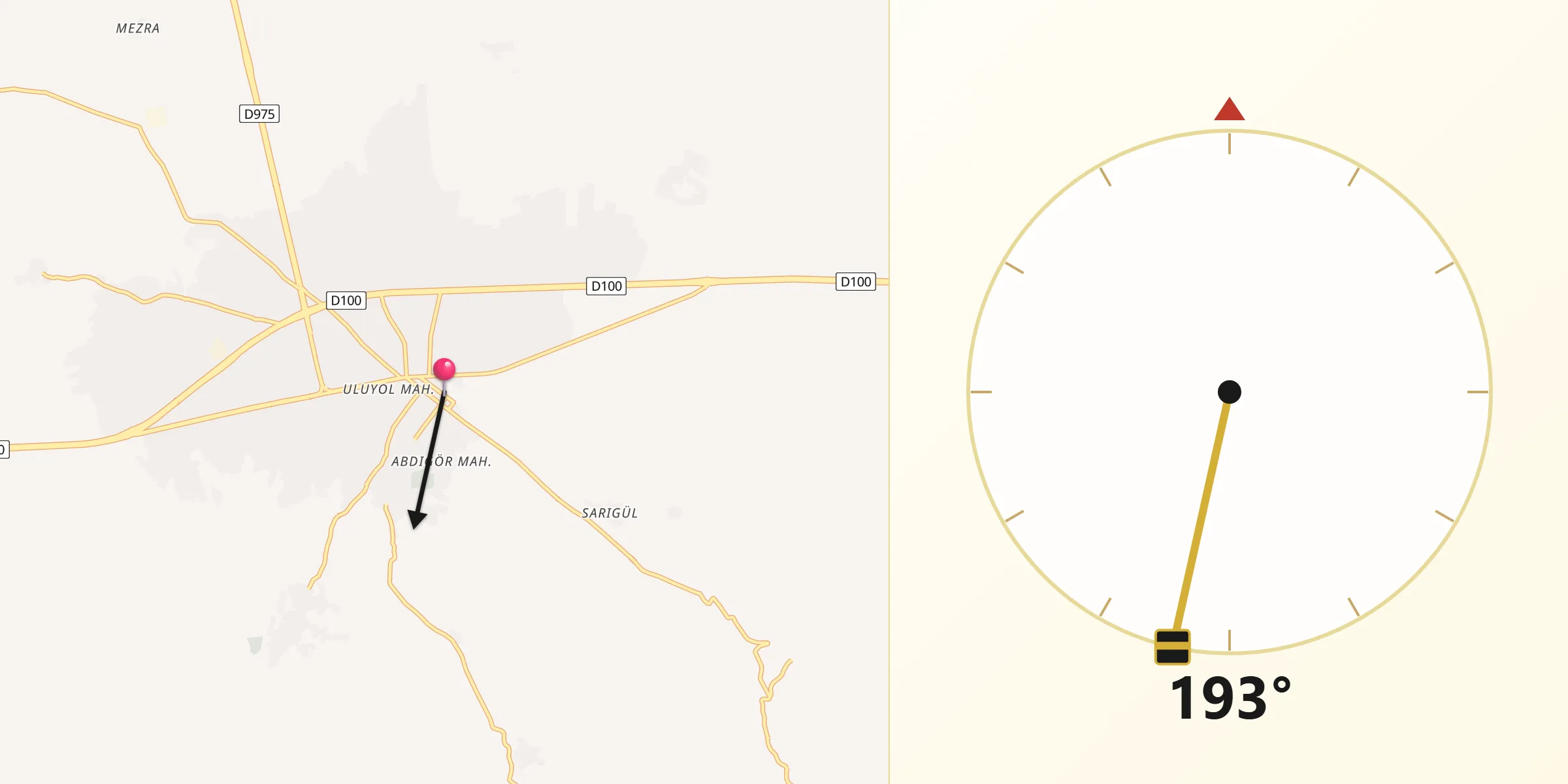 Direction vers la Qibla depuis Doğubeyazıt