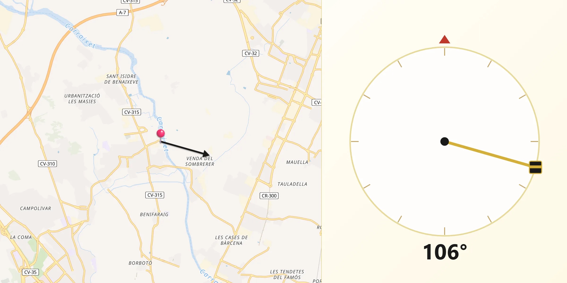Dirección de la Qibla desde Alfara del Patriarca