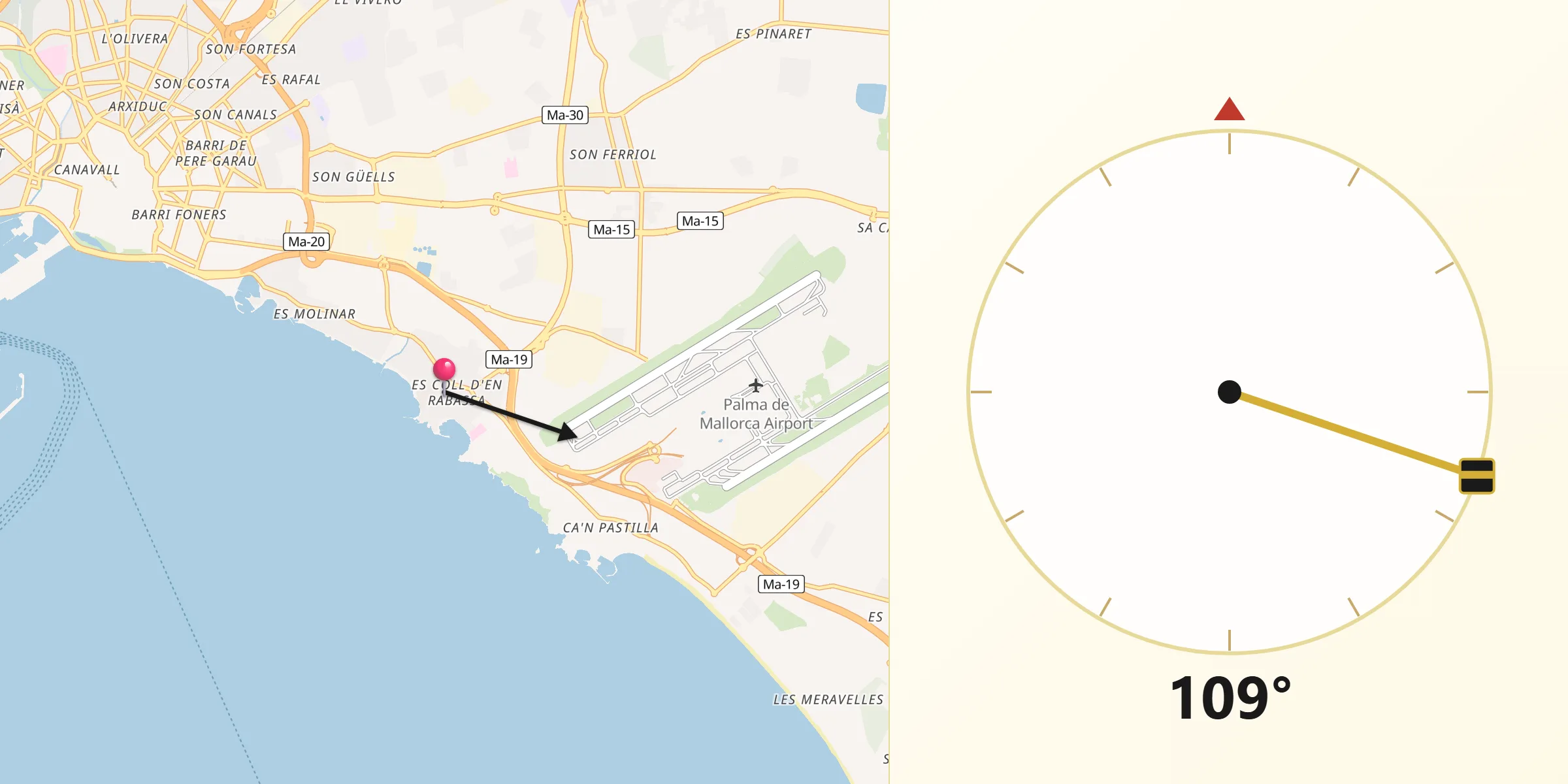 Dirección de la Qibla desde Coll d'en Rabassa