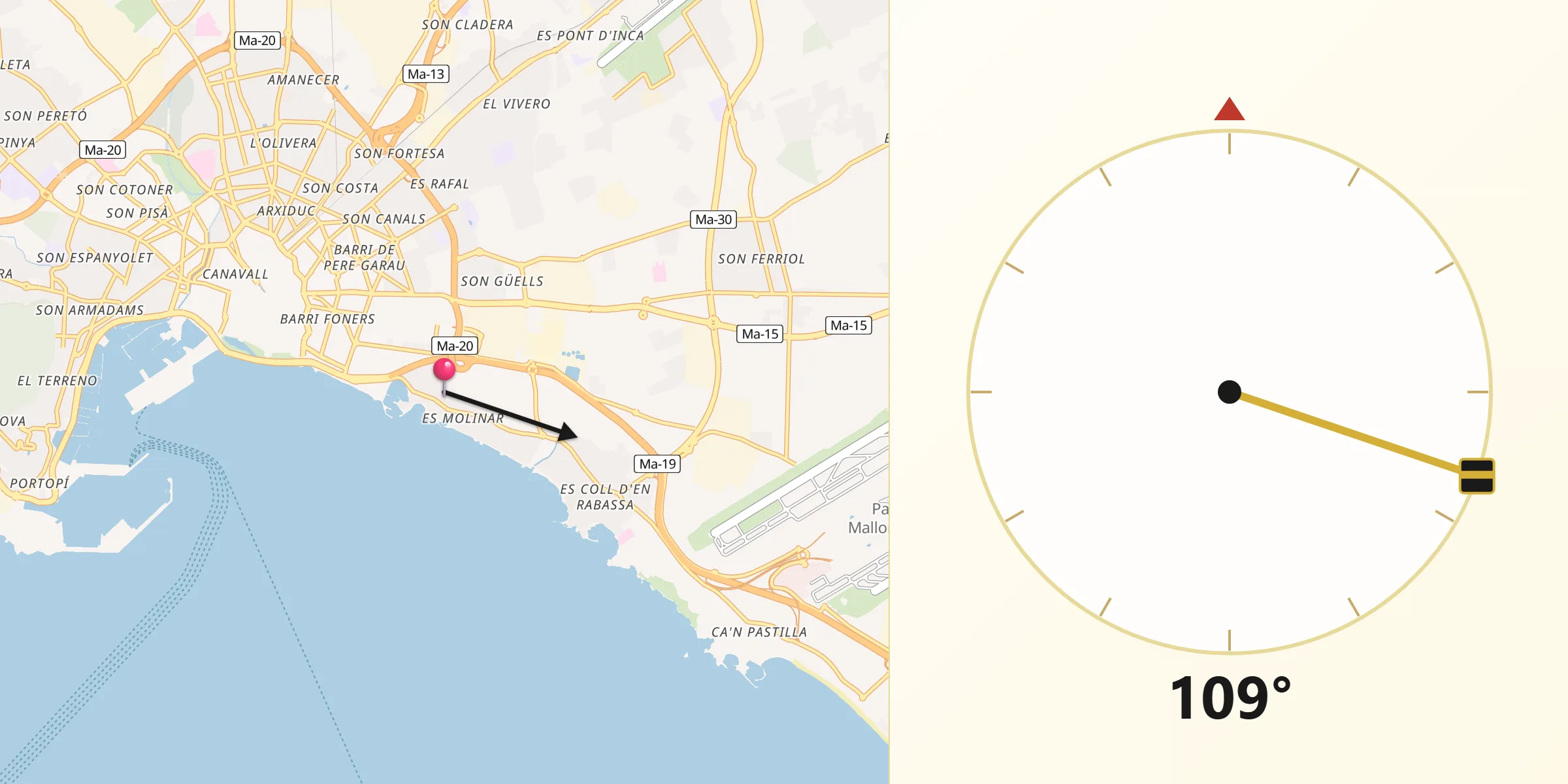 Dirección de la Qibla desde Es Molinar