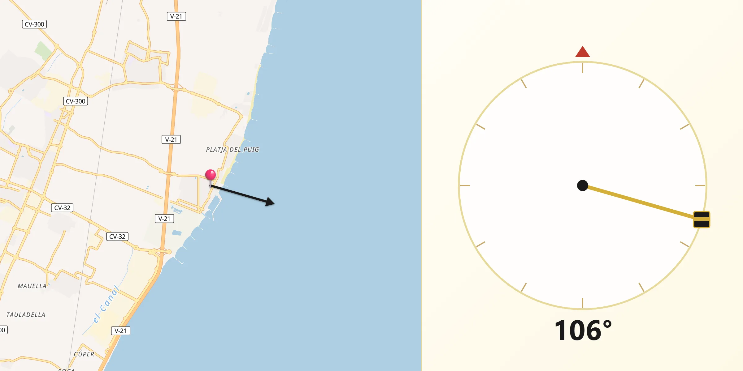 Dirección de la Qibla desde La Pobla de Farnals