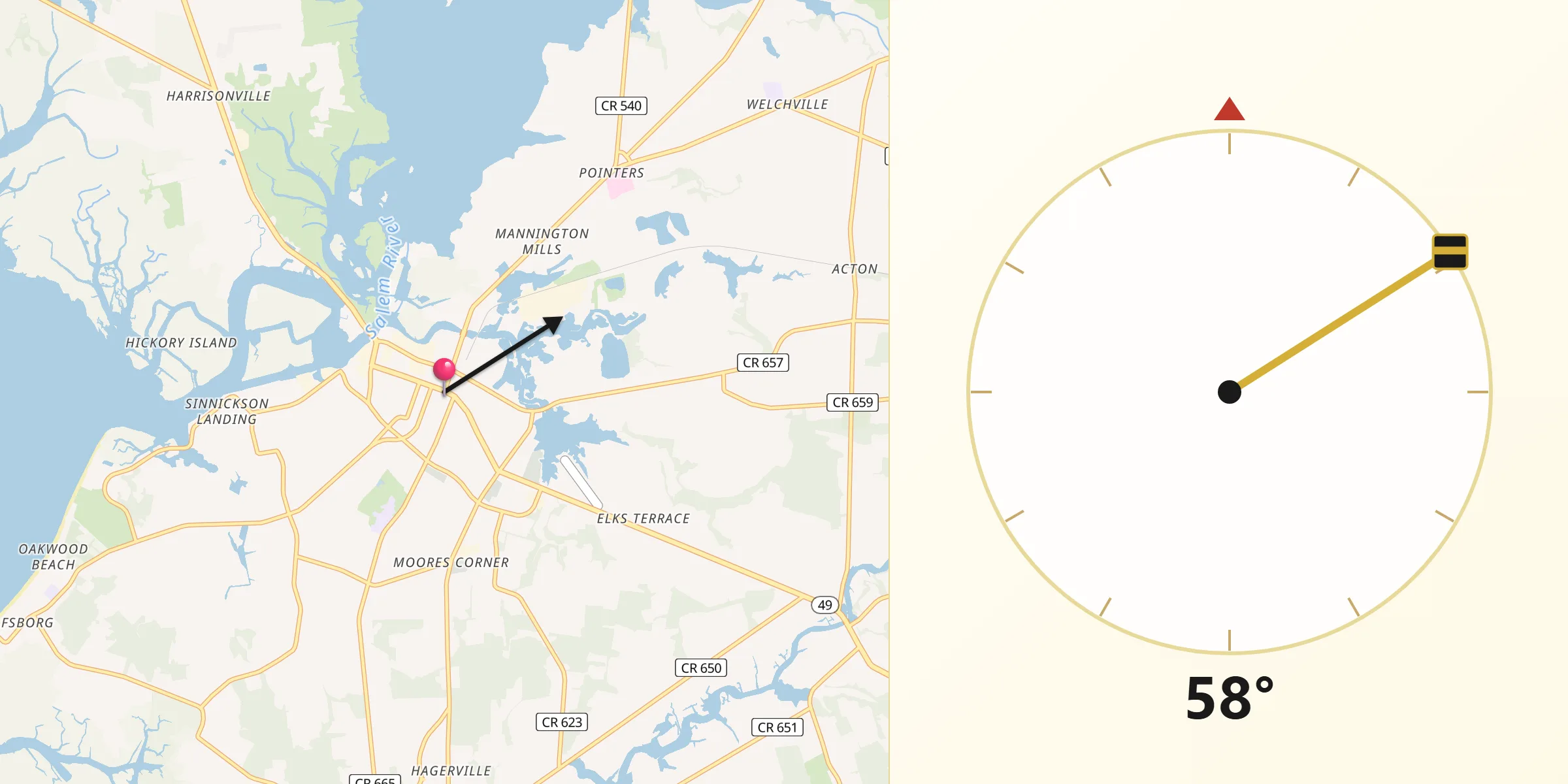 Dirección de la Qibla desde Salem