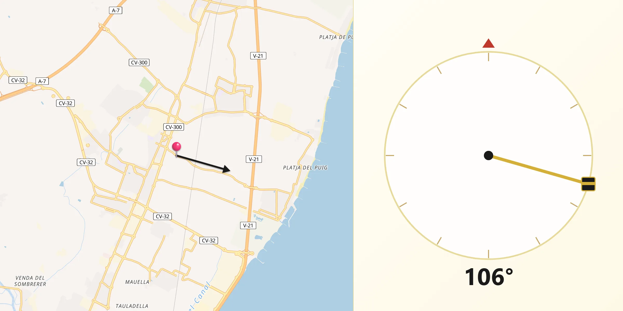 Dirección de la Qibla desde La Pobla de Farnals