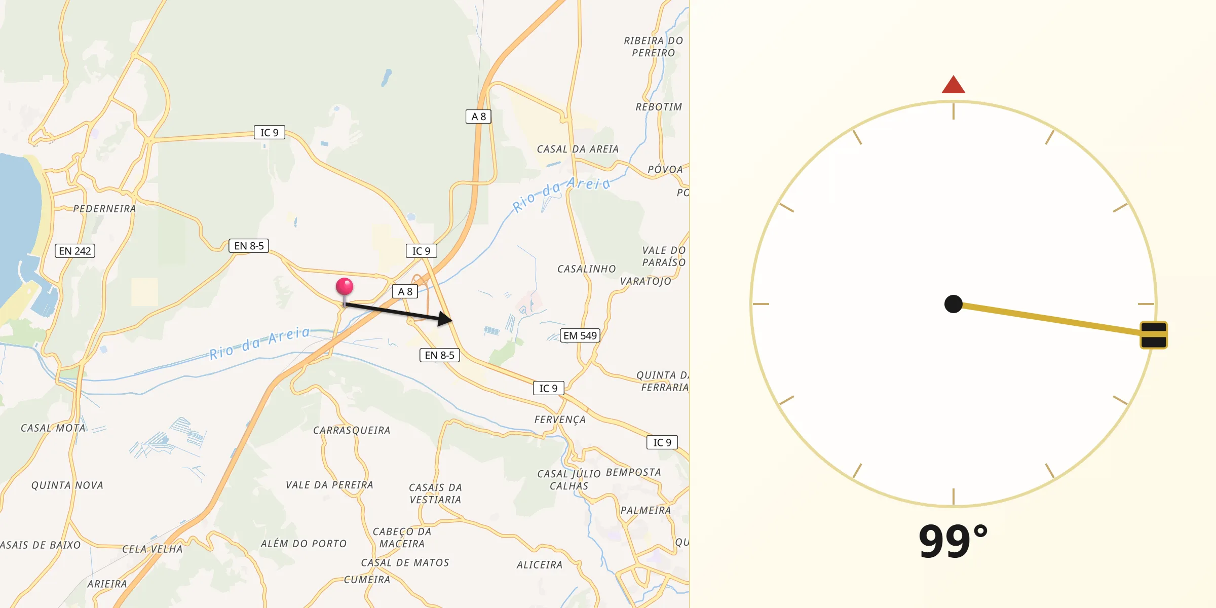 Direção da Qibla a partir de Valado de Frades