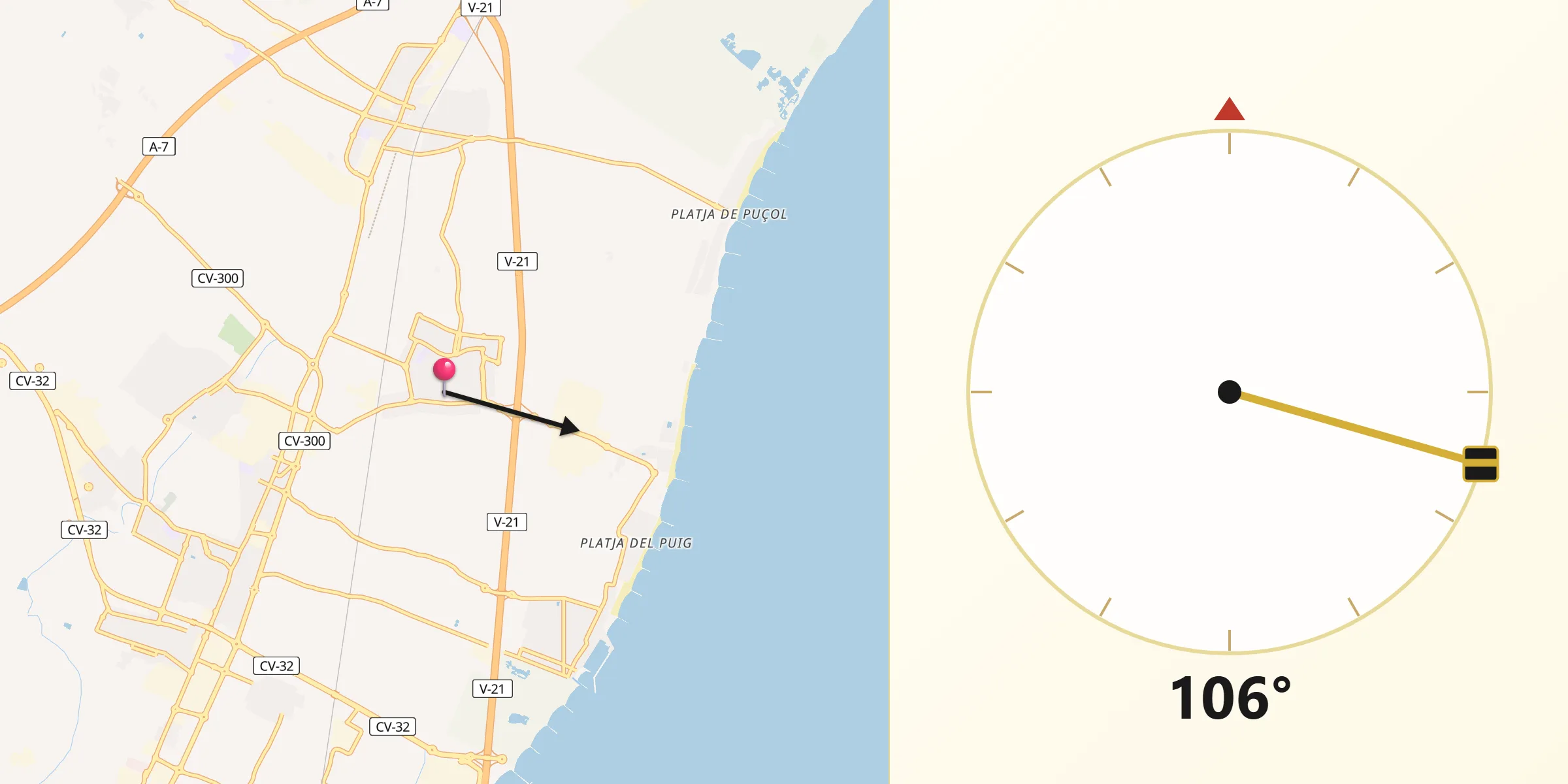 Dirección de la Qibla desde Puig