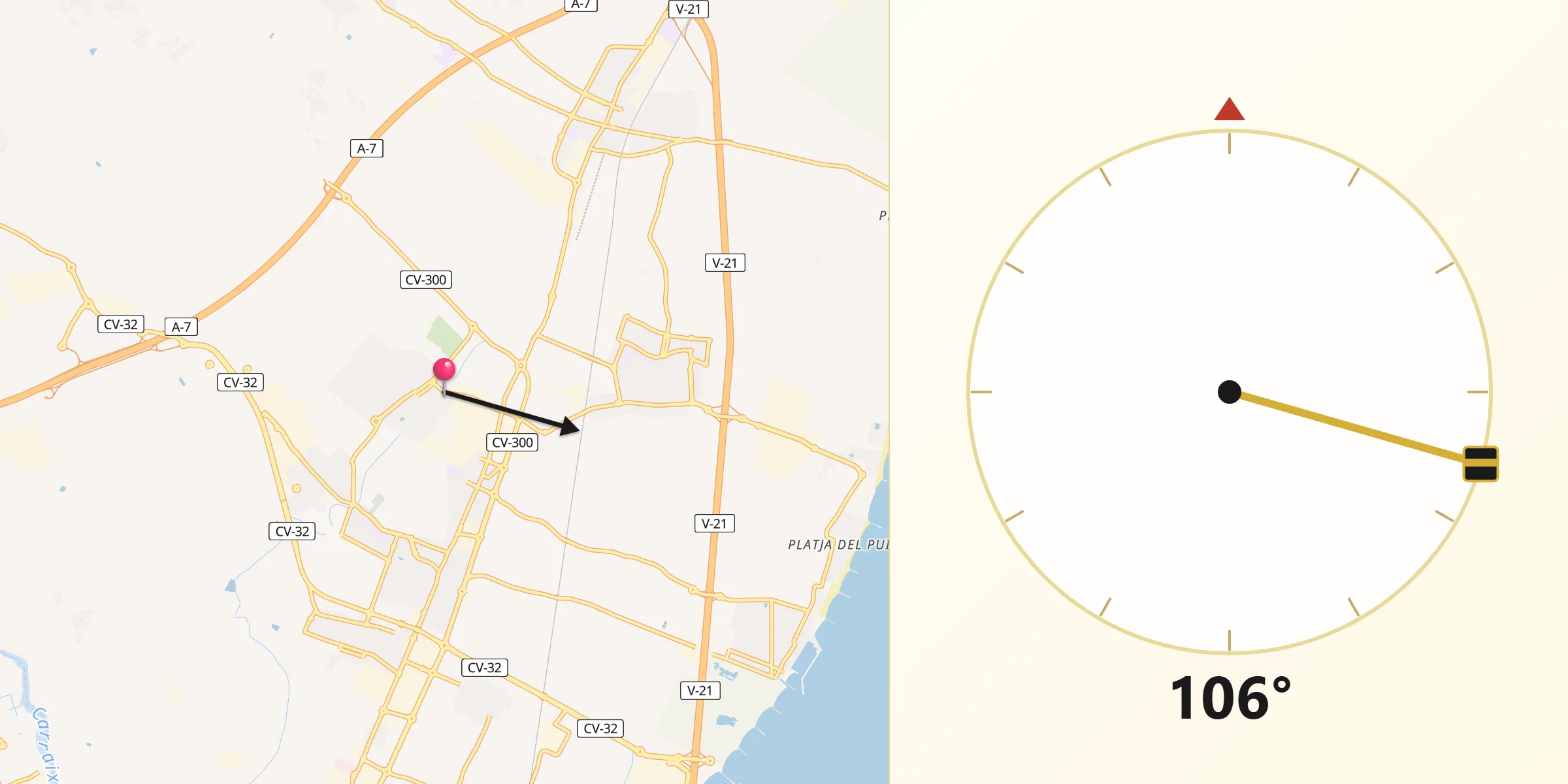 Dirección de la Qibla desde Rafelbuñol/Rafelbunyol