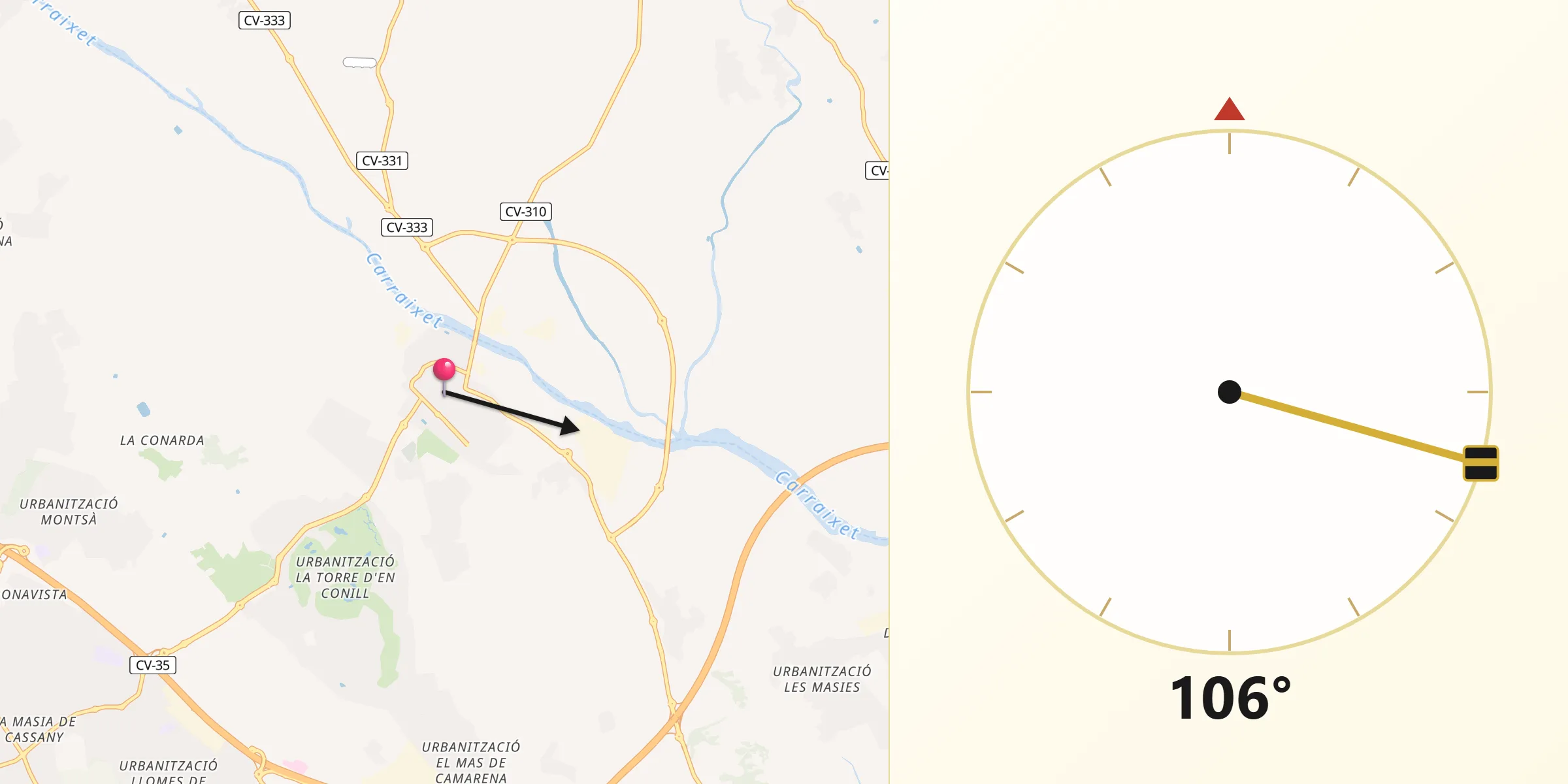Dirección de la Qibla desde Bétera