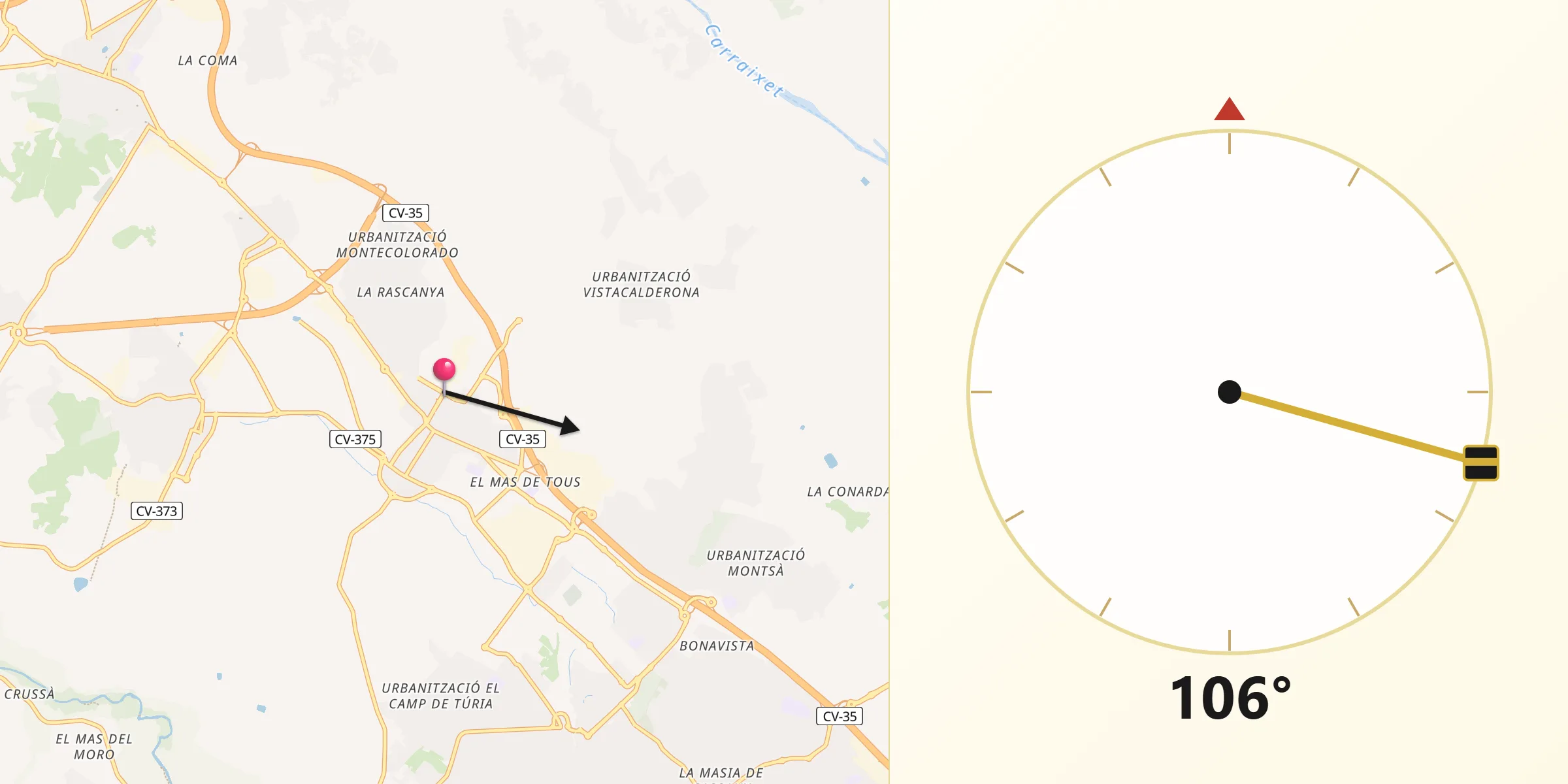 Dirección de la Qibla desde Puebla de Vallbona