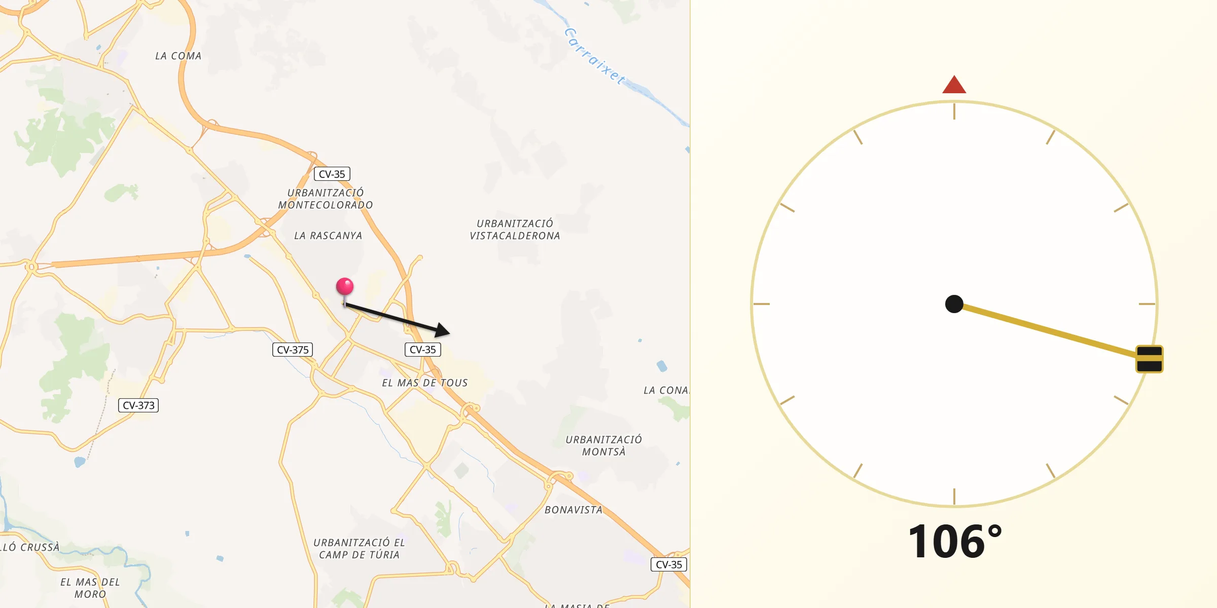 Dirección de la Qibla desde Puebla de Vallbona