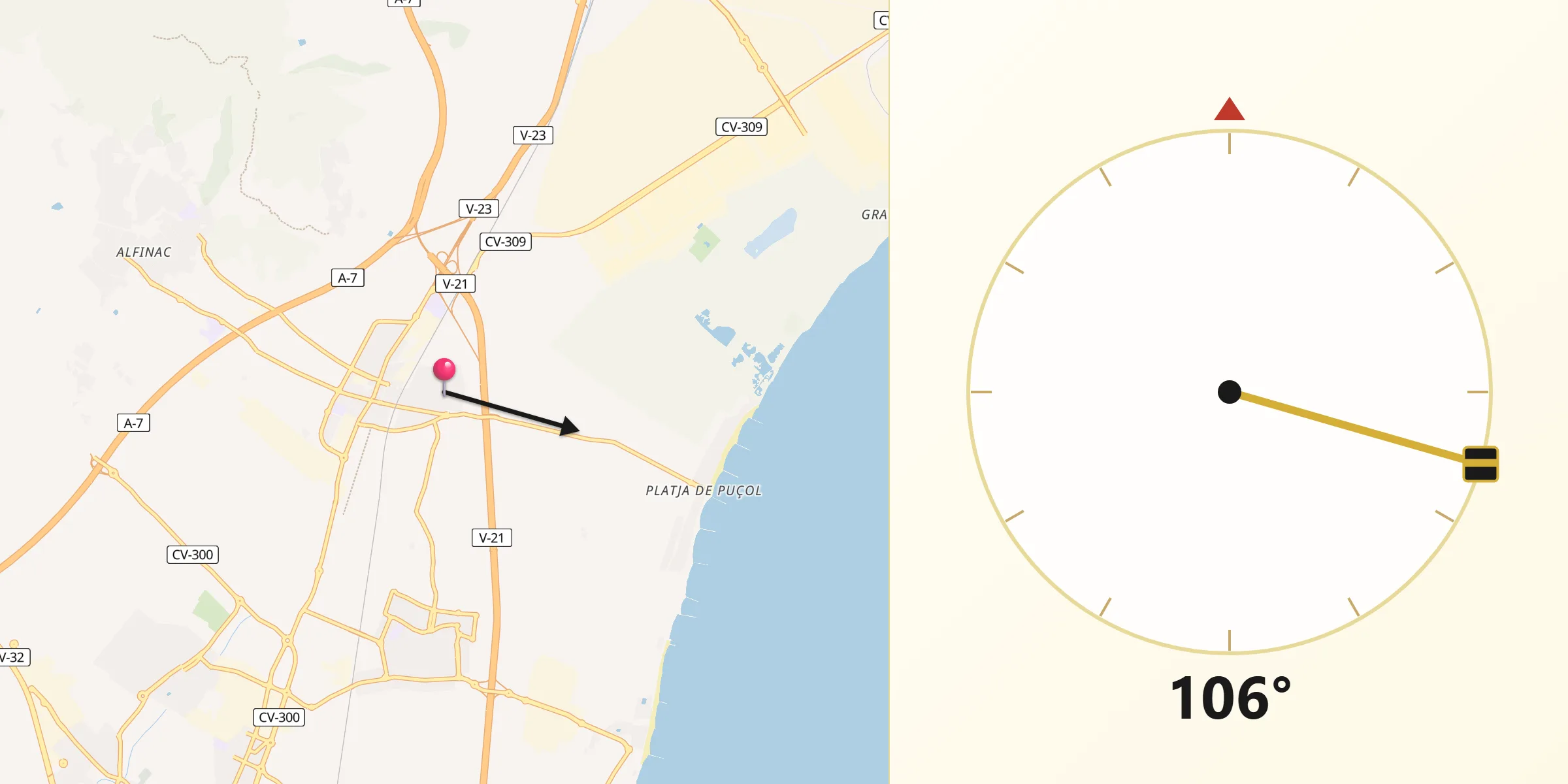 Dirección de la Qibla desde Puzol