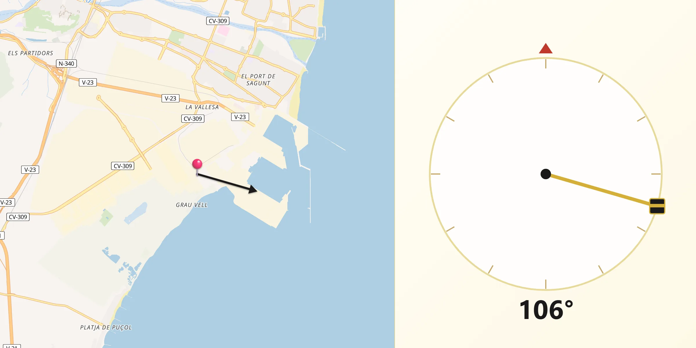 Dirección de la Qibla desde Grao de Murviedro