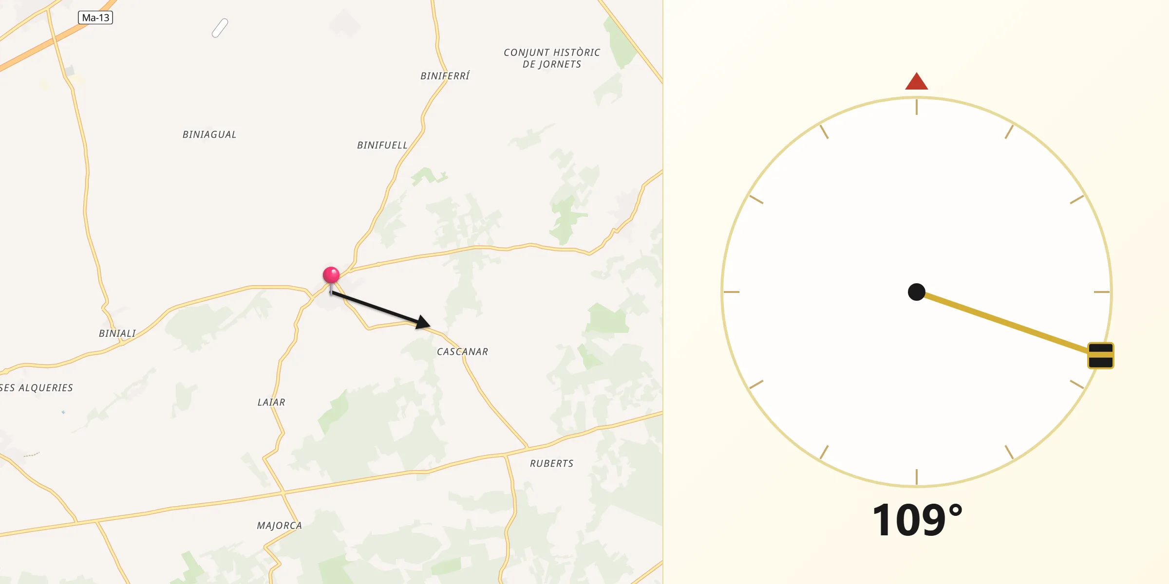 Dirección de la Qibla desde Sencelles