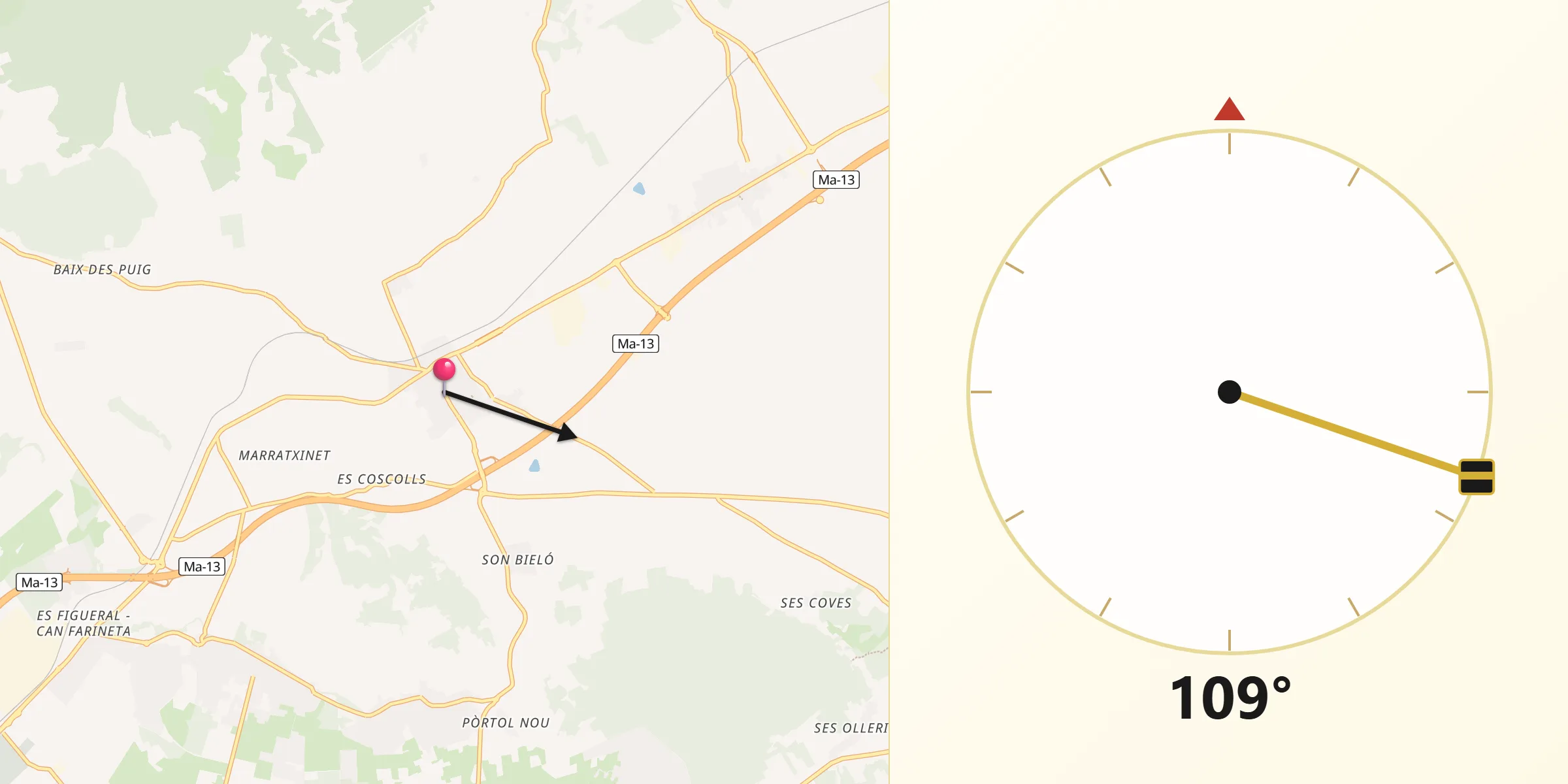 Dirección de la Qibla desde Santa María del Camí