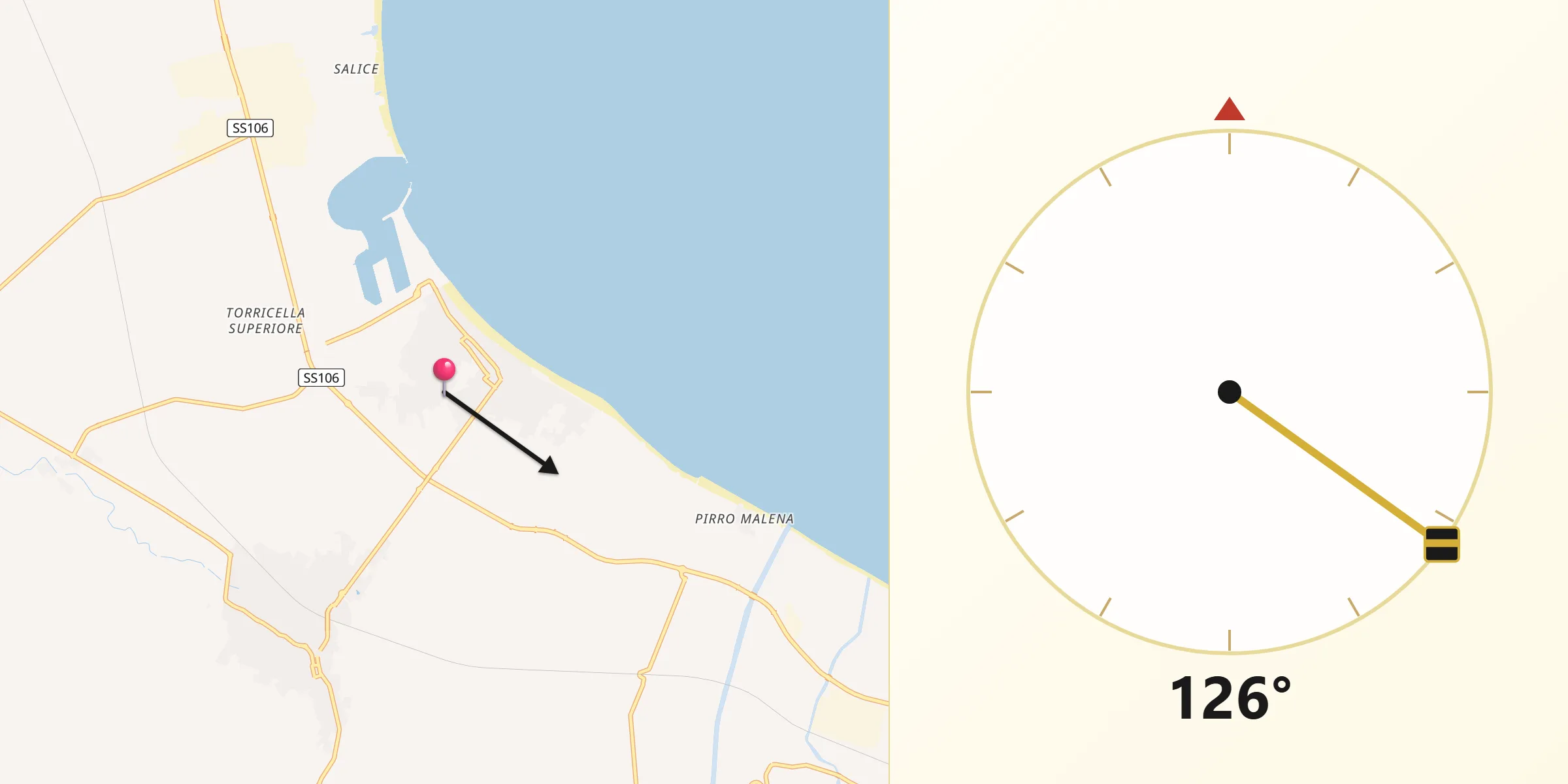 Direzione della Qibla da Marina di Schiavonea
