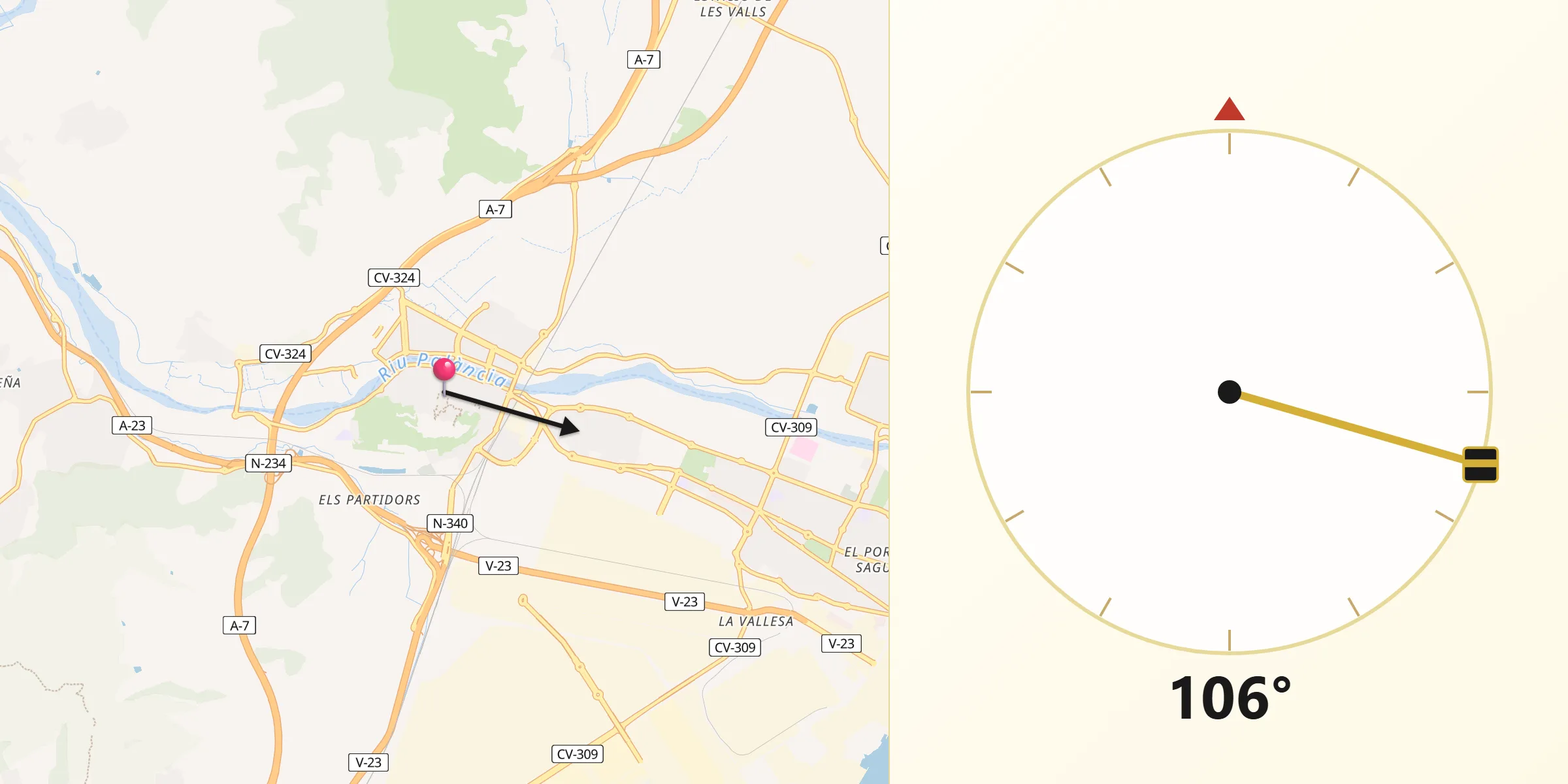Dirección de la Qibla desde Sagunto/Sagunt