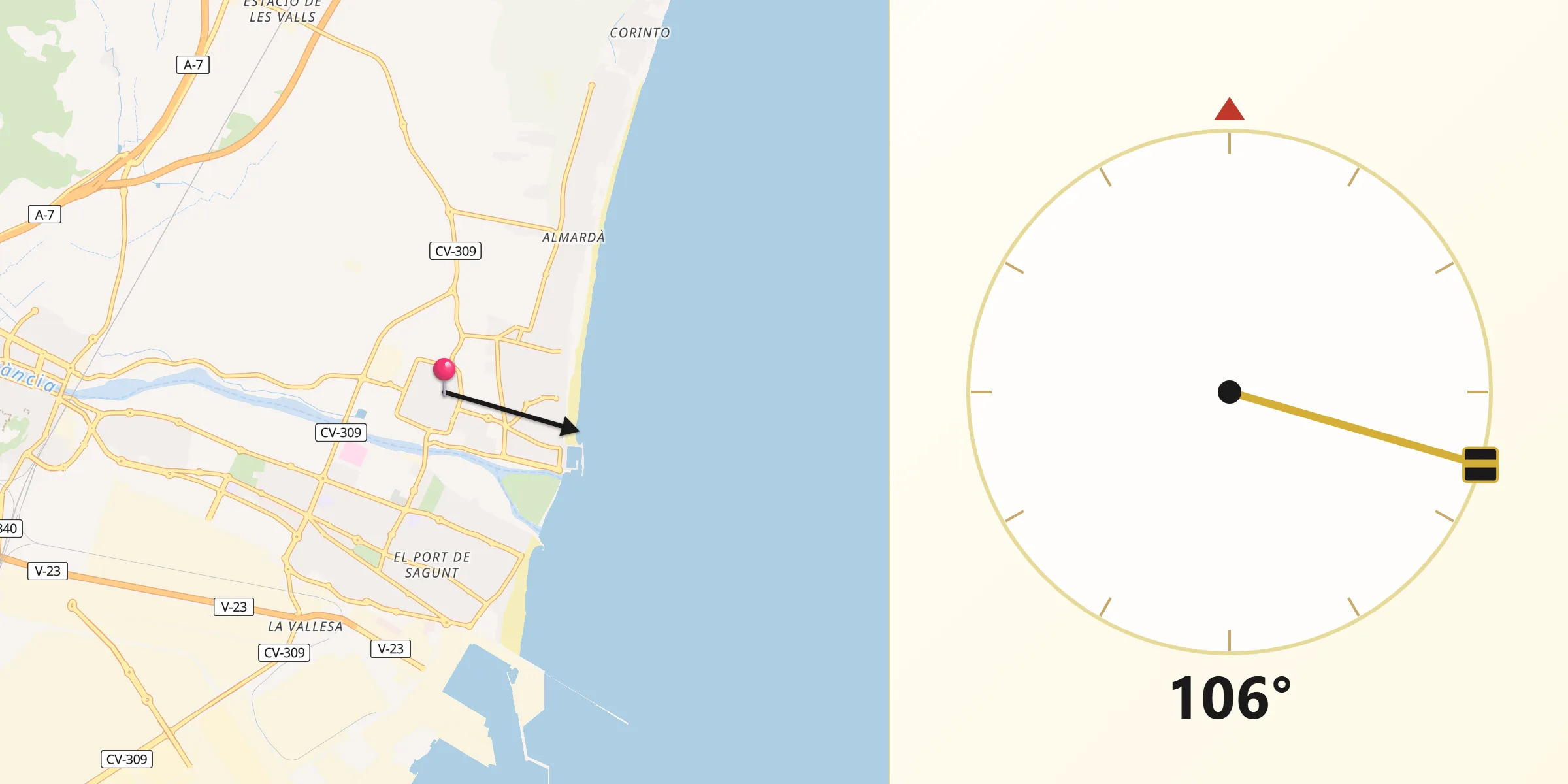 Dirección de la Qibla desde Canet d'En Berenguer