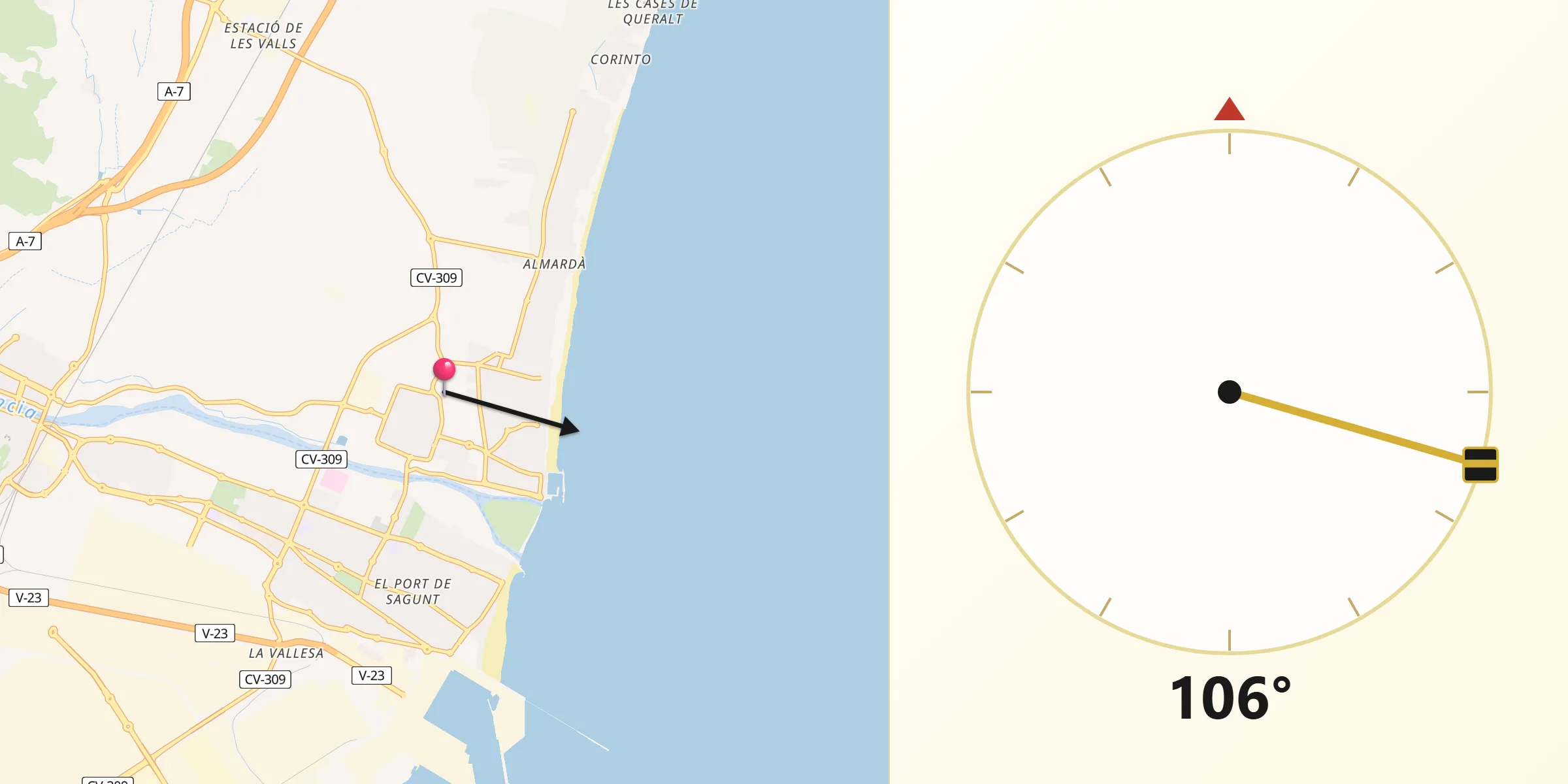 Dirección de la Qibla desde Canet d'En Berenguer