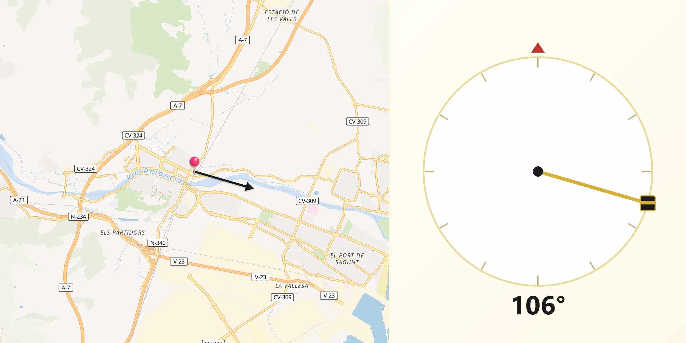 Dirección de la Qibla desde Sagunto