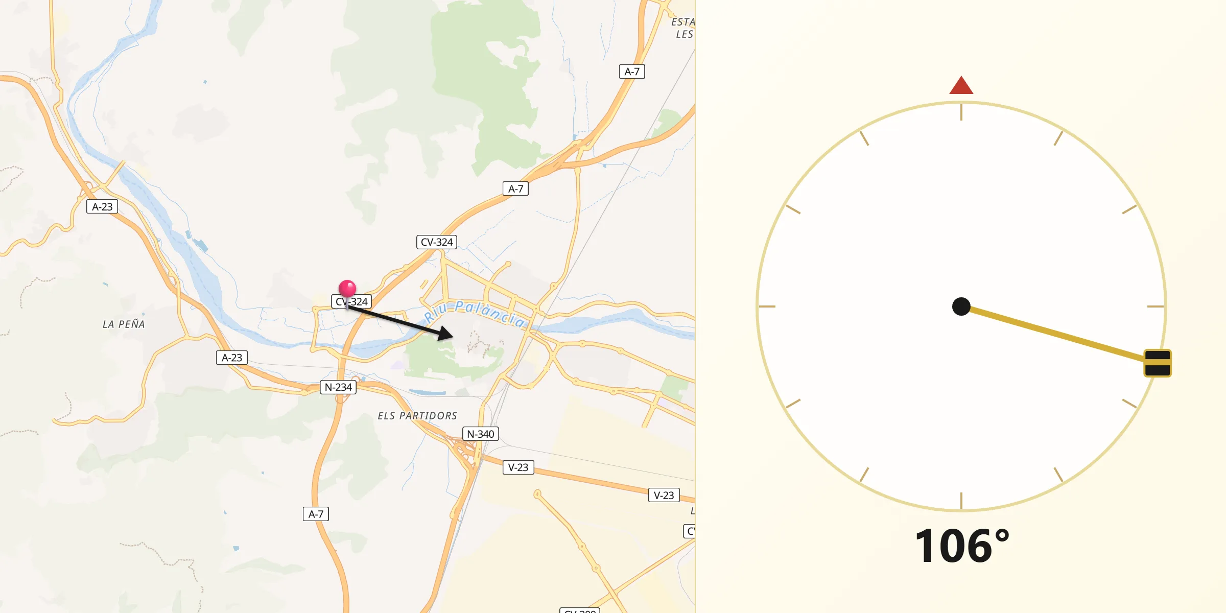 Dirección de la Qibla desde Petrés