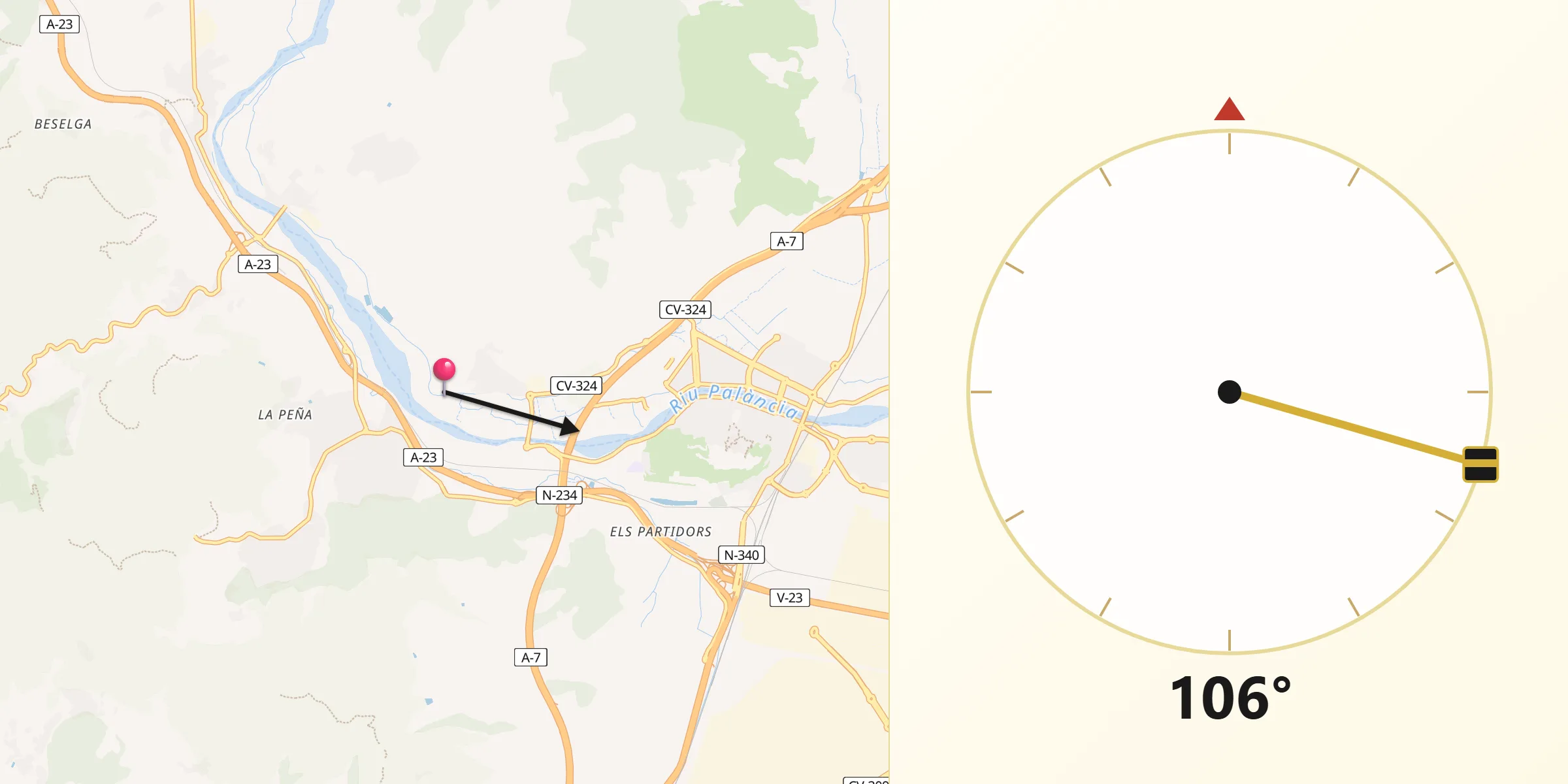 Dirección de la Qibla desde Gilet
