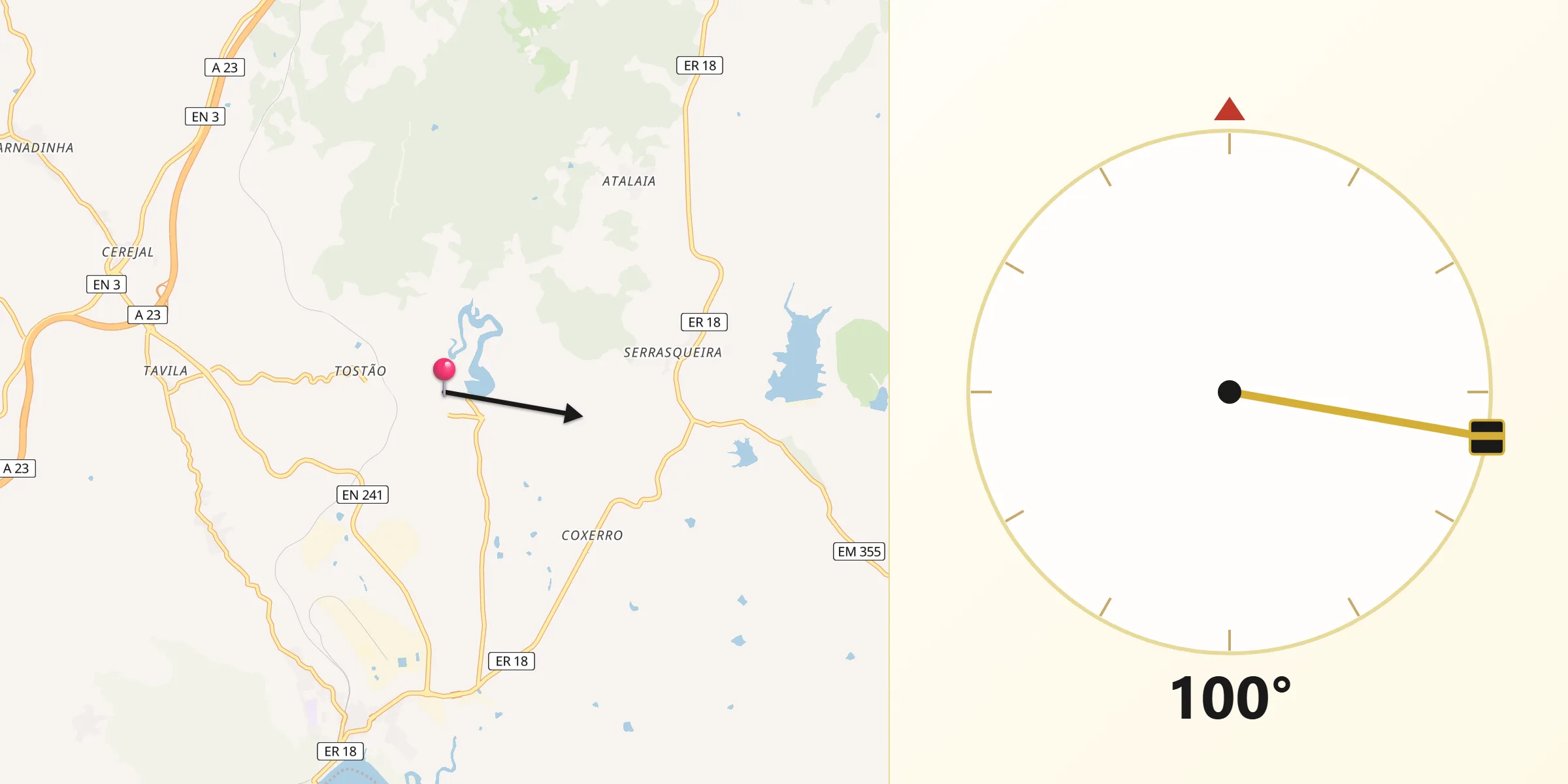 Direção da Qibla a partir de Vila Velha de Ródão
