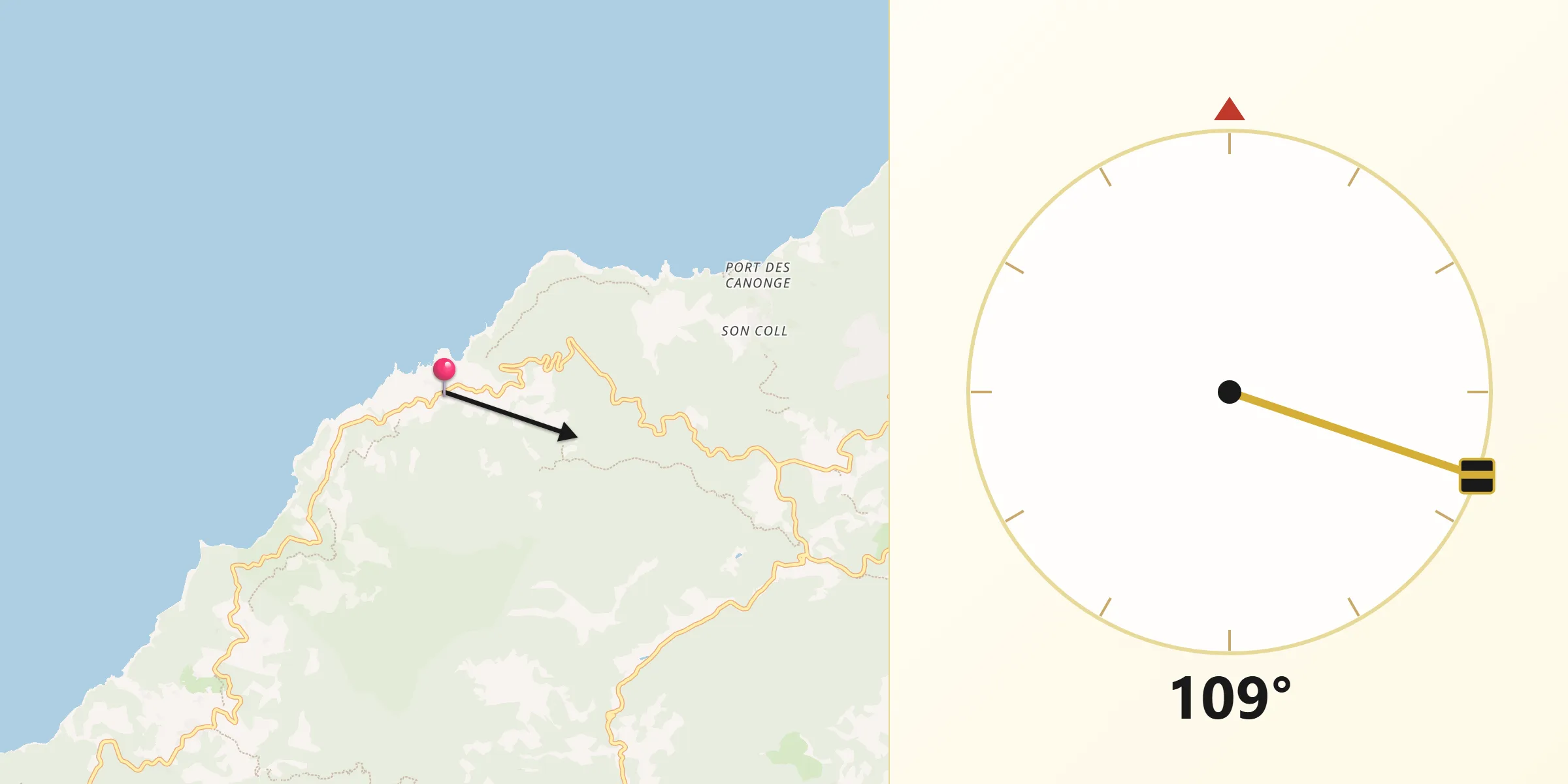 Dirección de la Qibla desde Banyalbufar