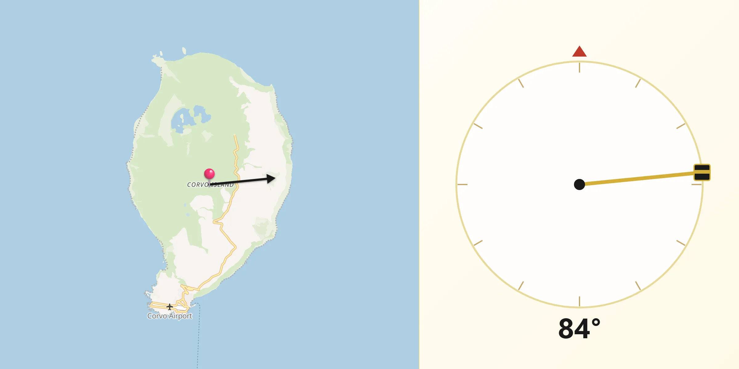 Direção da Qibla a partir de Corvo