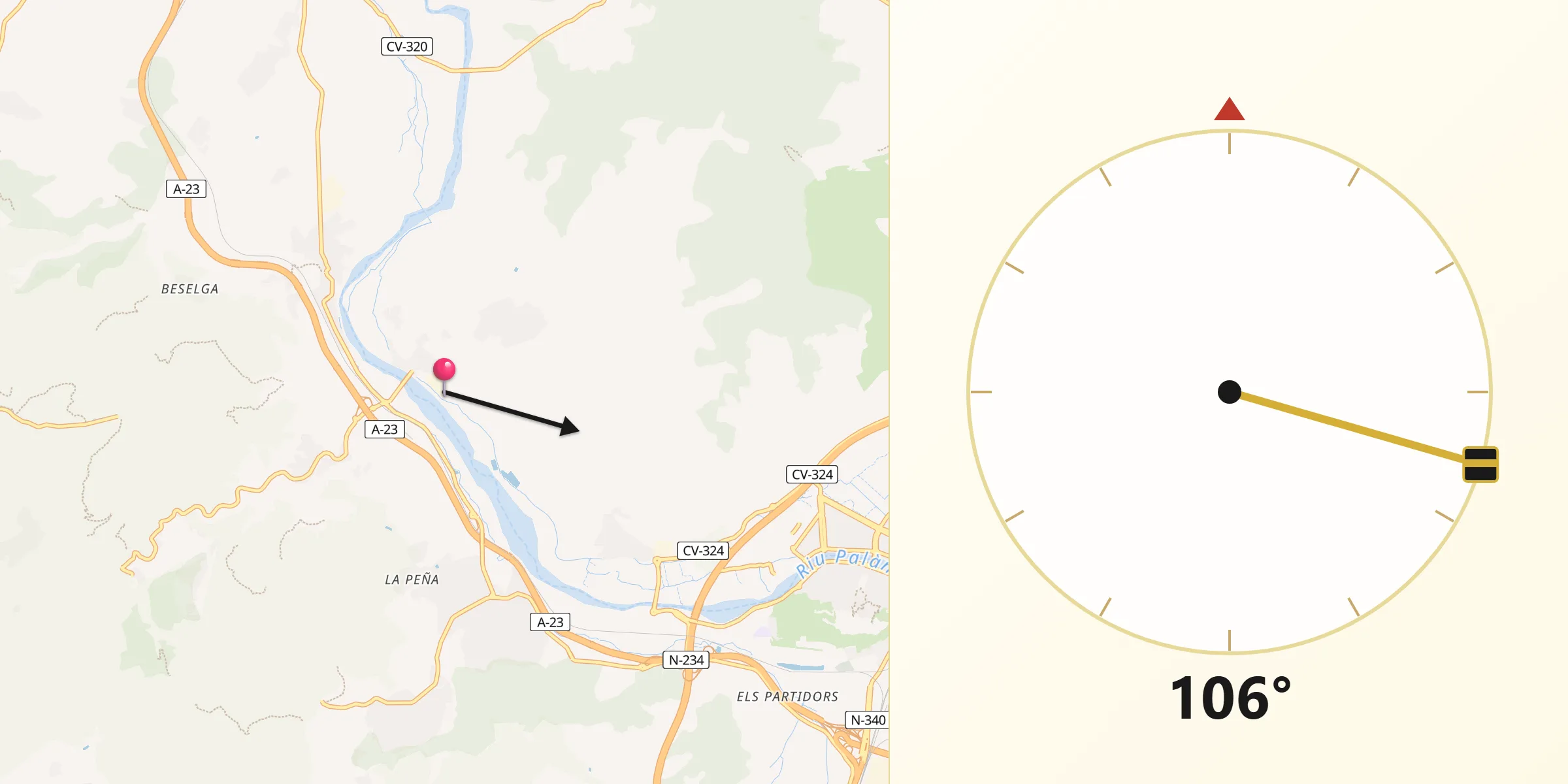 Dirección de la Qibla desde Albalat dels Tarongers
