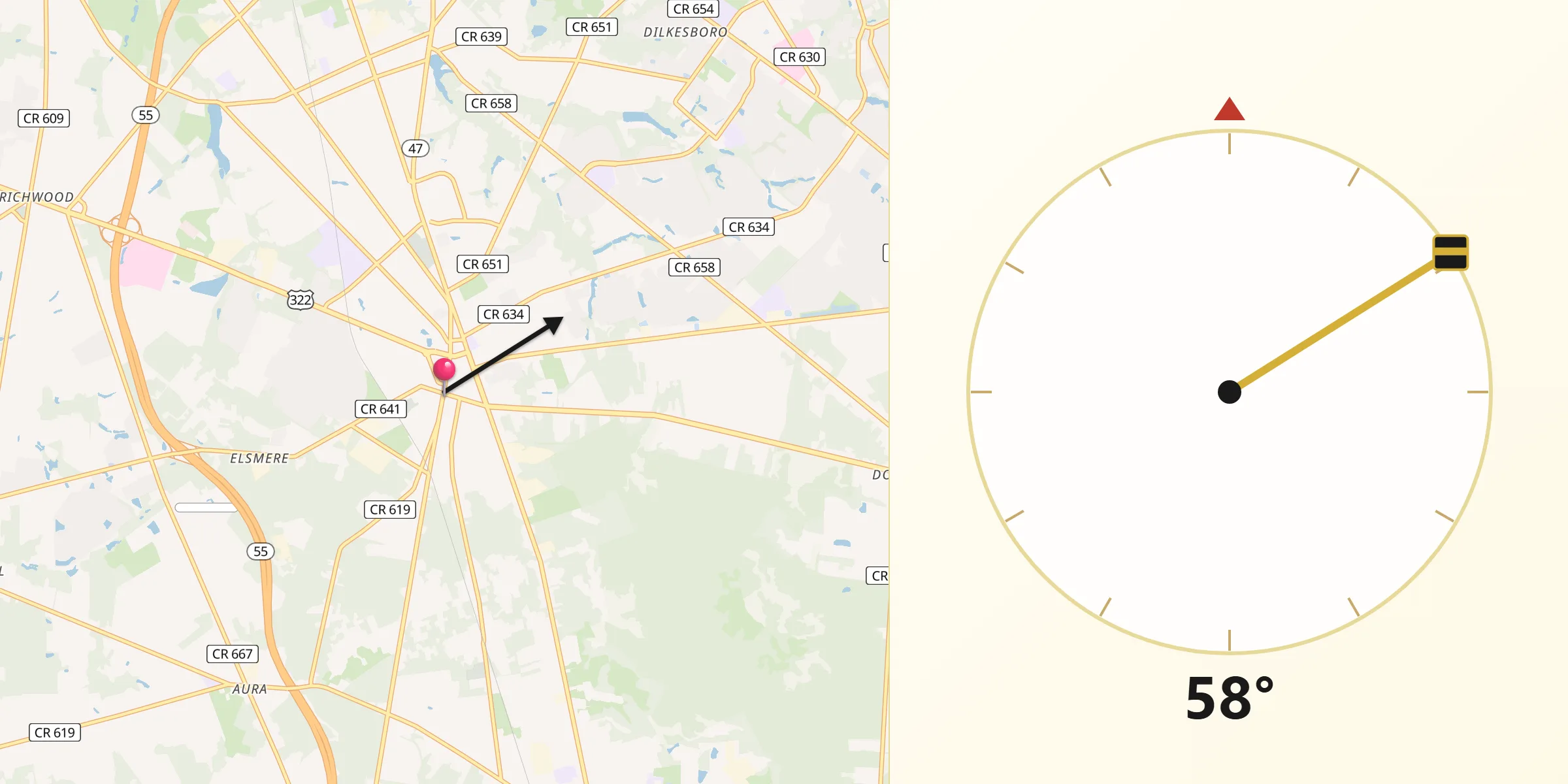 Qibla Direction from Glassboro