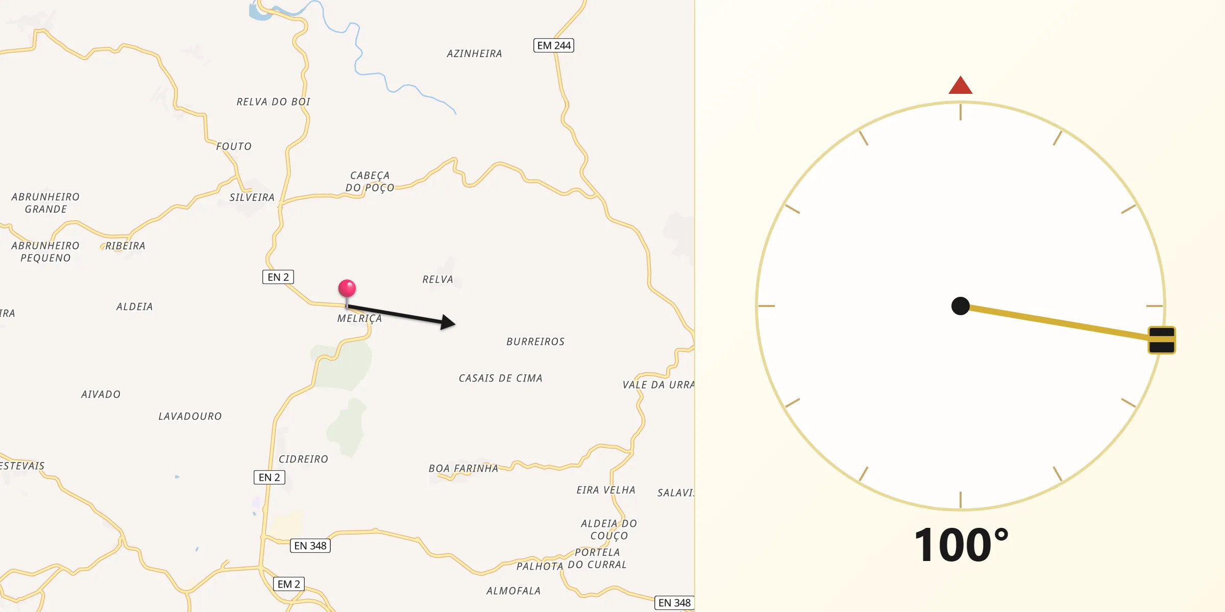 Direção da Qibla a partir de Vila de Rei