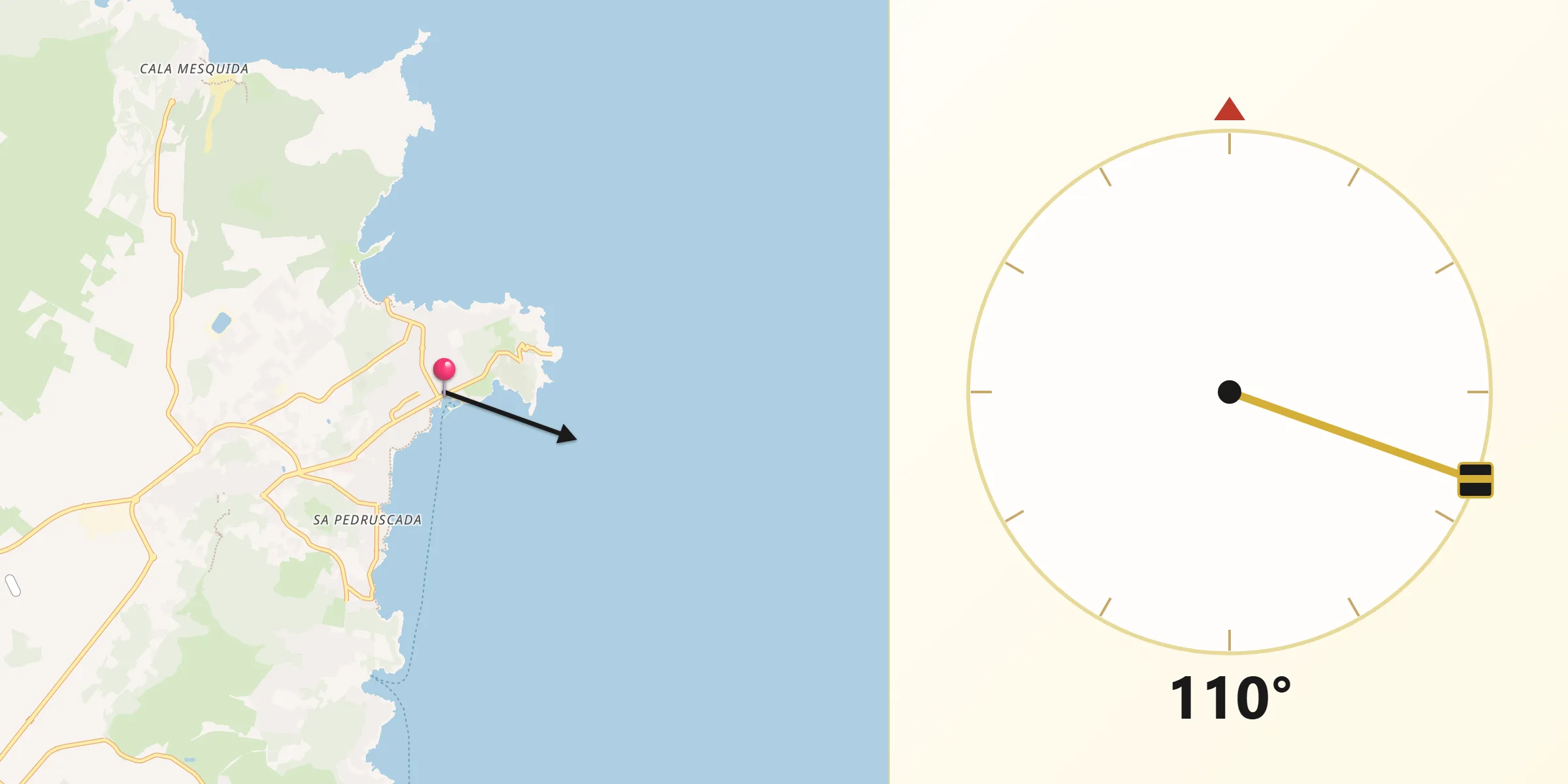 Dirección de la Qibla desde Cala Rajada