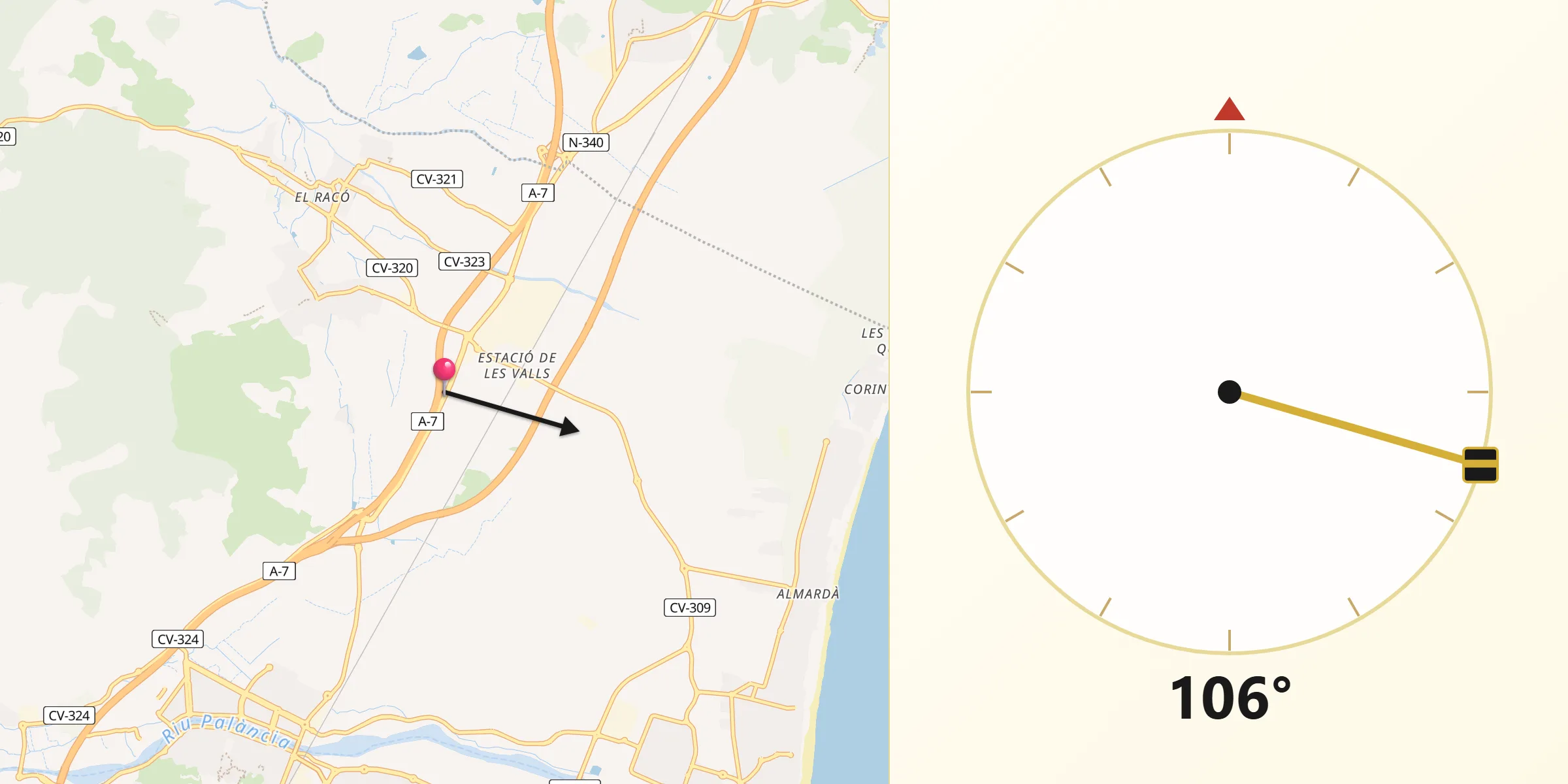 Dirección de la Qibla desde Faura
