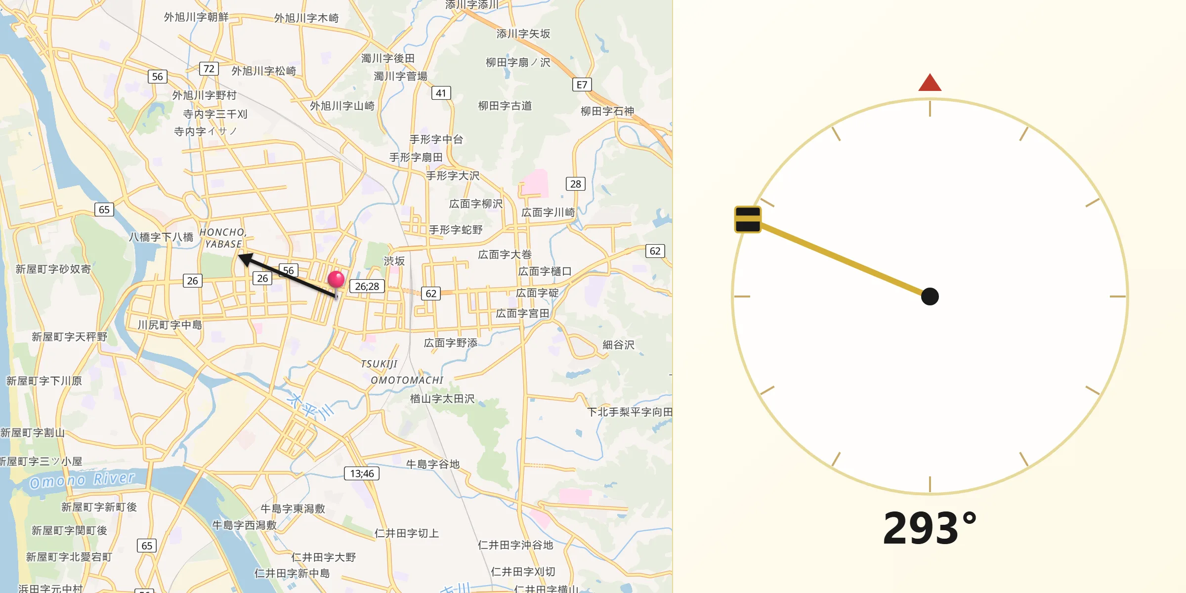 秋田市からキブラへの方向