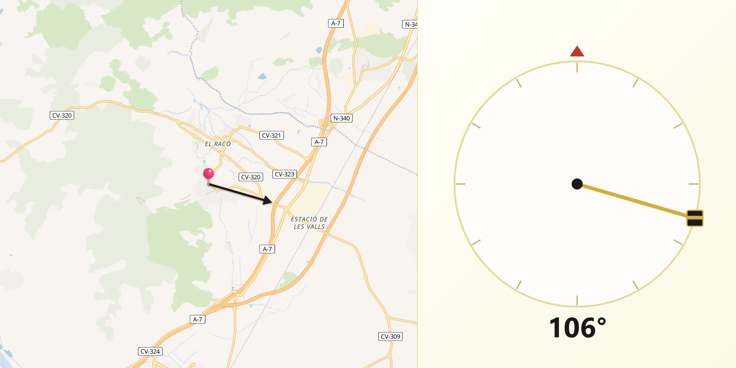 Dirección de la Qibla desde Benifairó de les Valls