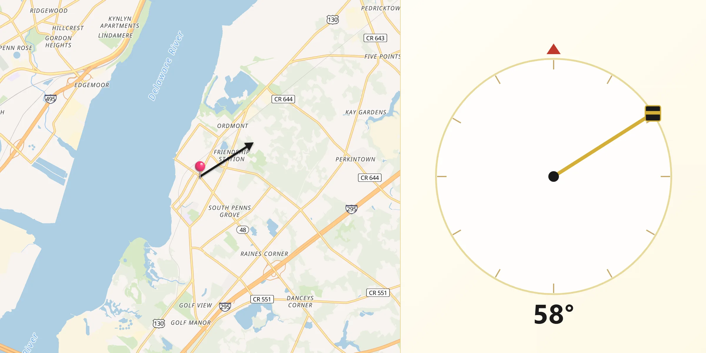 Qibla Direction from Penns Grove
