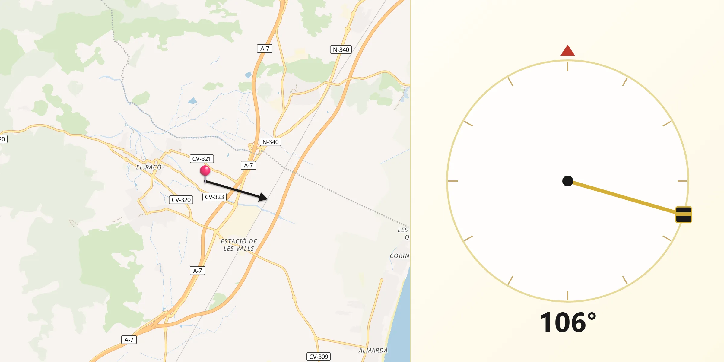 Dirección de la Qibla desde Benavites