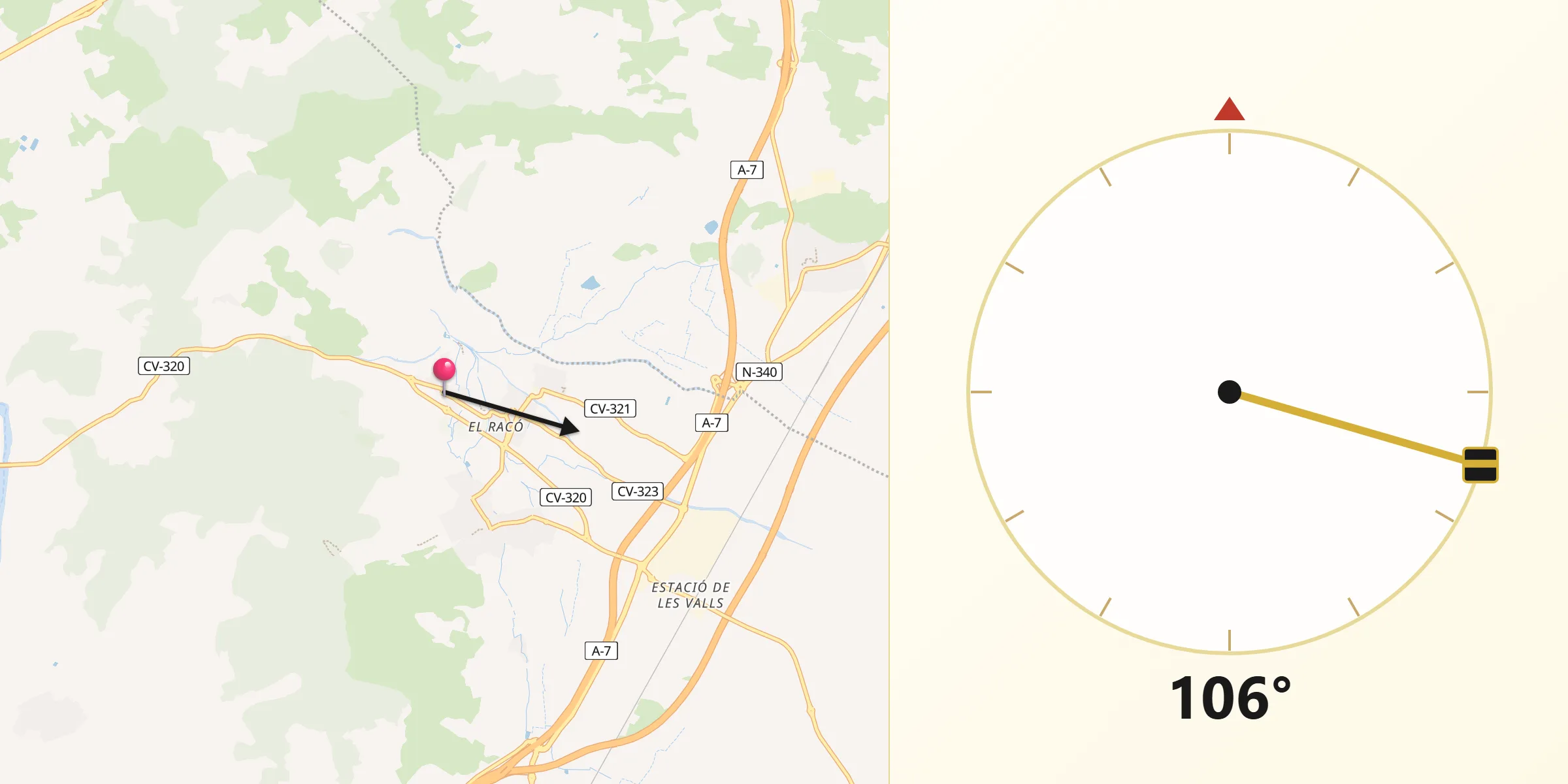 Dirección de la Qibla desde Quart de les Valls
