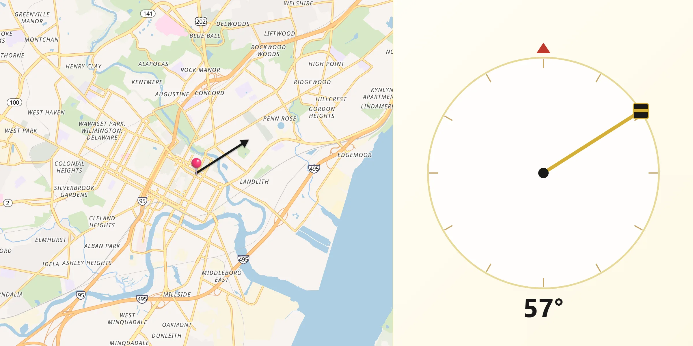 Dirección de la Qibla desde Wilmington