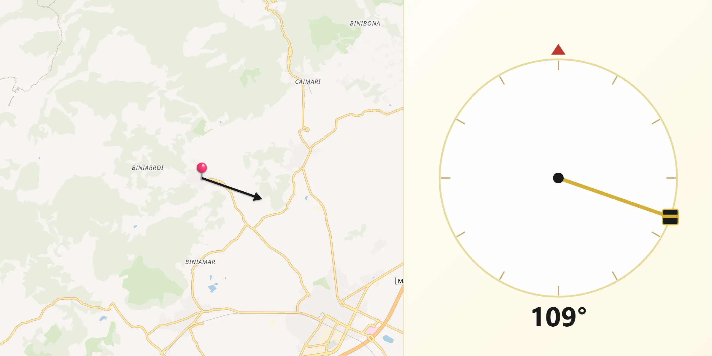 Dirección de la Qibla desde Mancor de la Vall