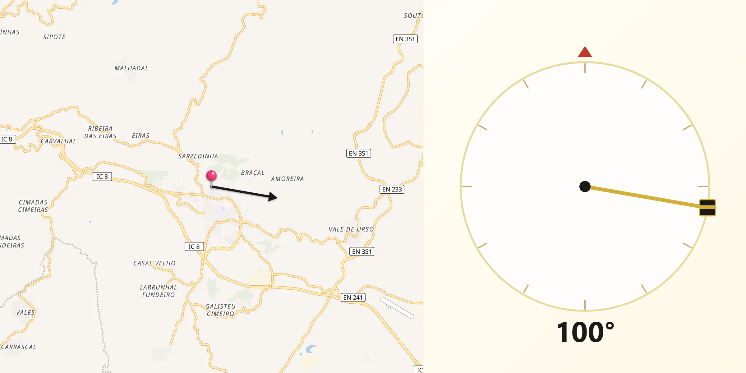 Direção da Qibla a partir de Proença-a-Nova