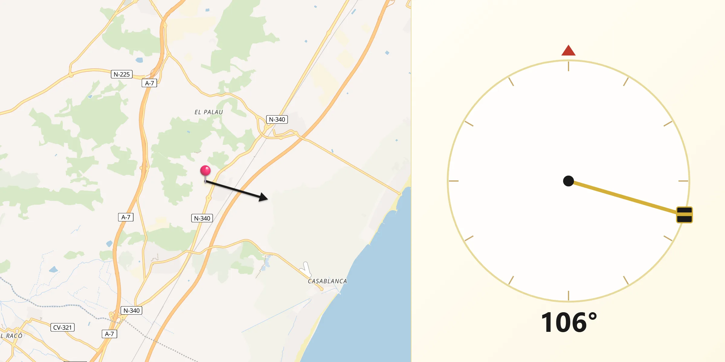 Dirección de la Qibla desde La Llosa