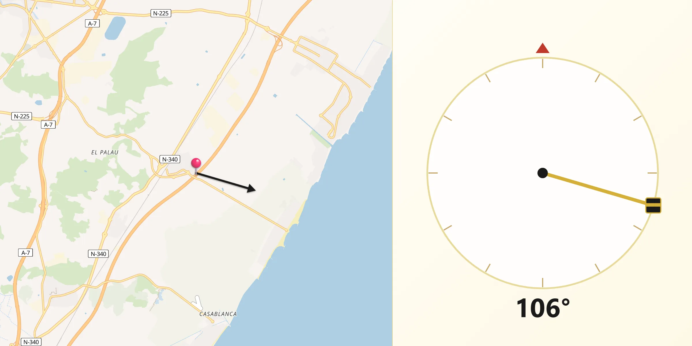Dirección de la Qibla desde Chilches/Xilxes