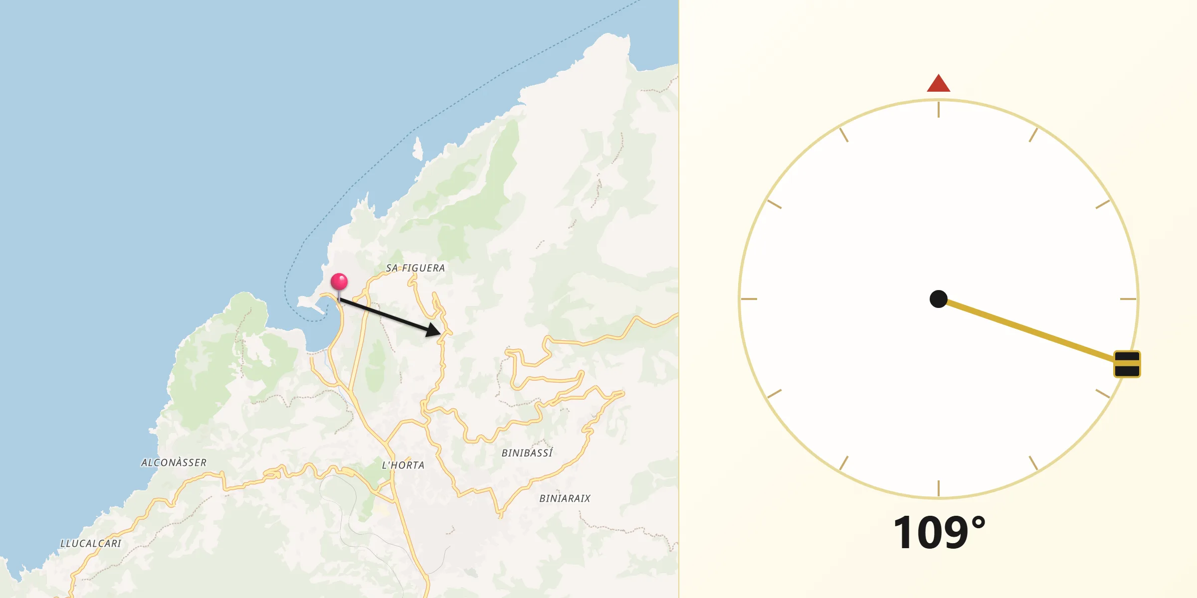 Dirección de la Qibla desde Port de Sóller
