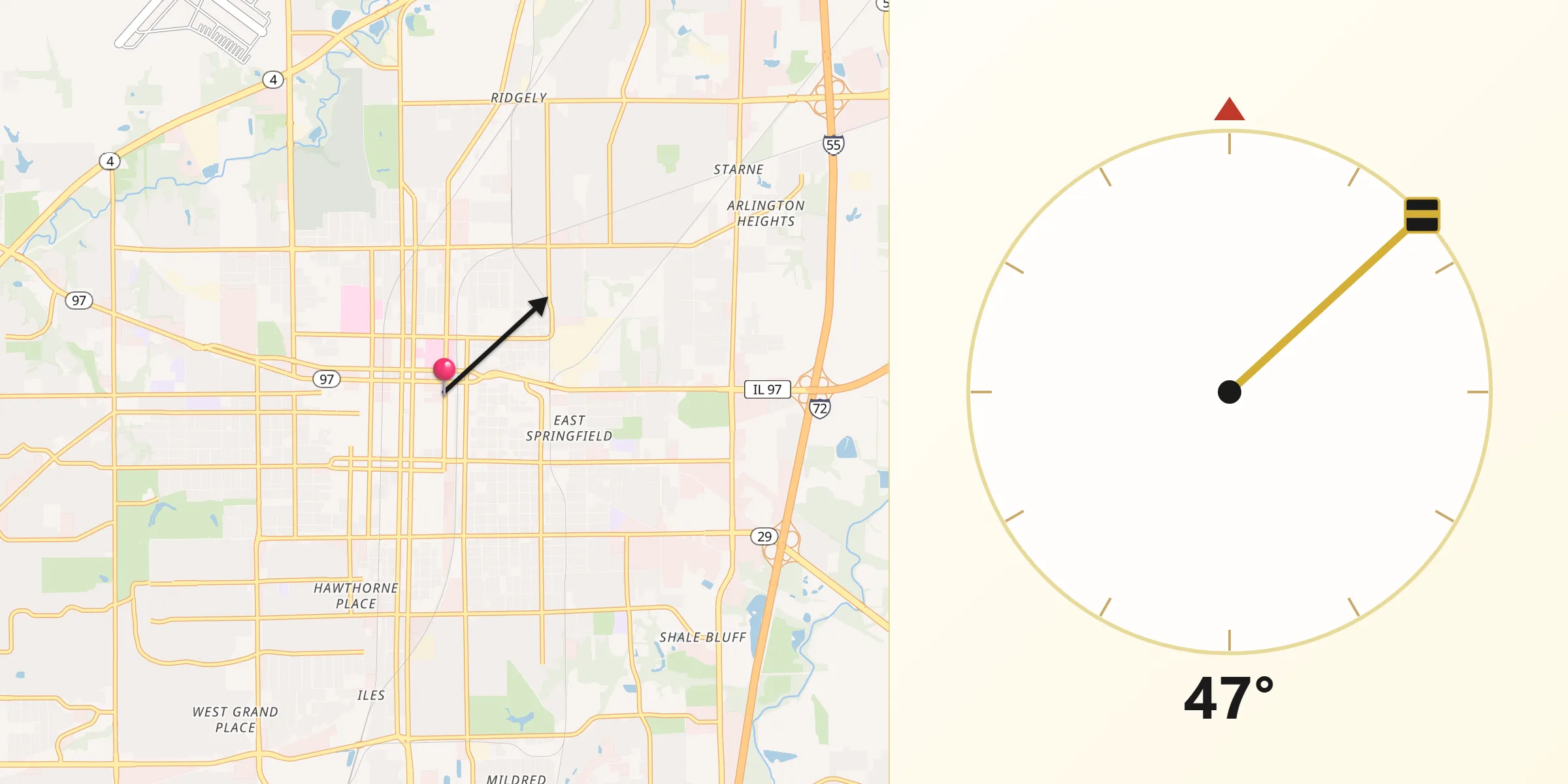 Dirección de la Qibla desde Springfield