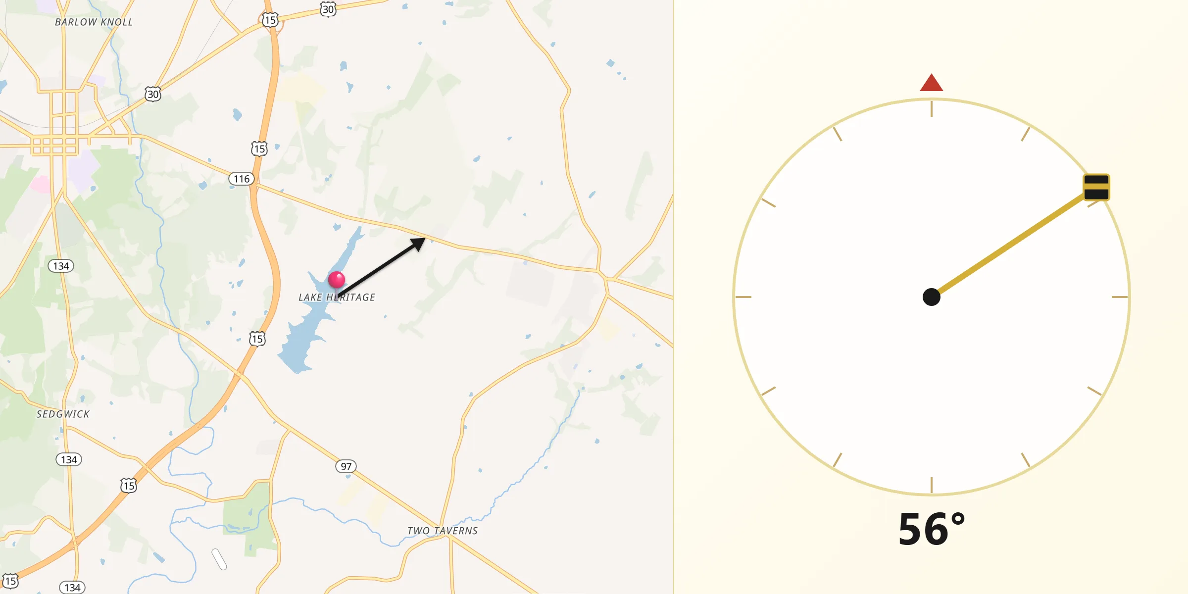 Qibla Direction from Lake Heritage